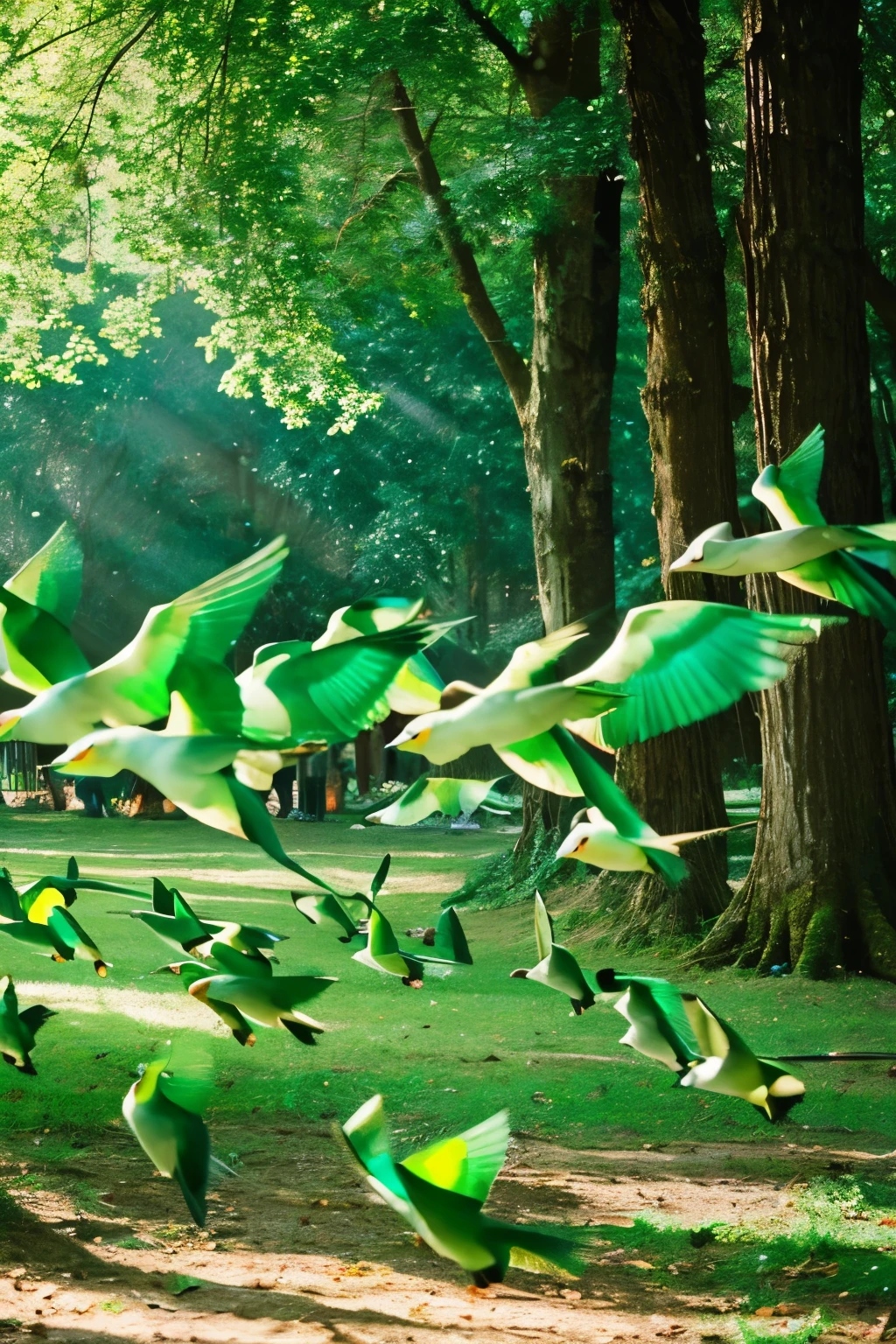 Green pigeon eating food in the forest space