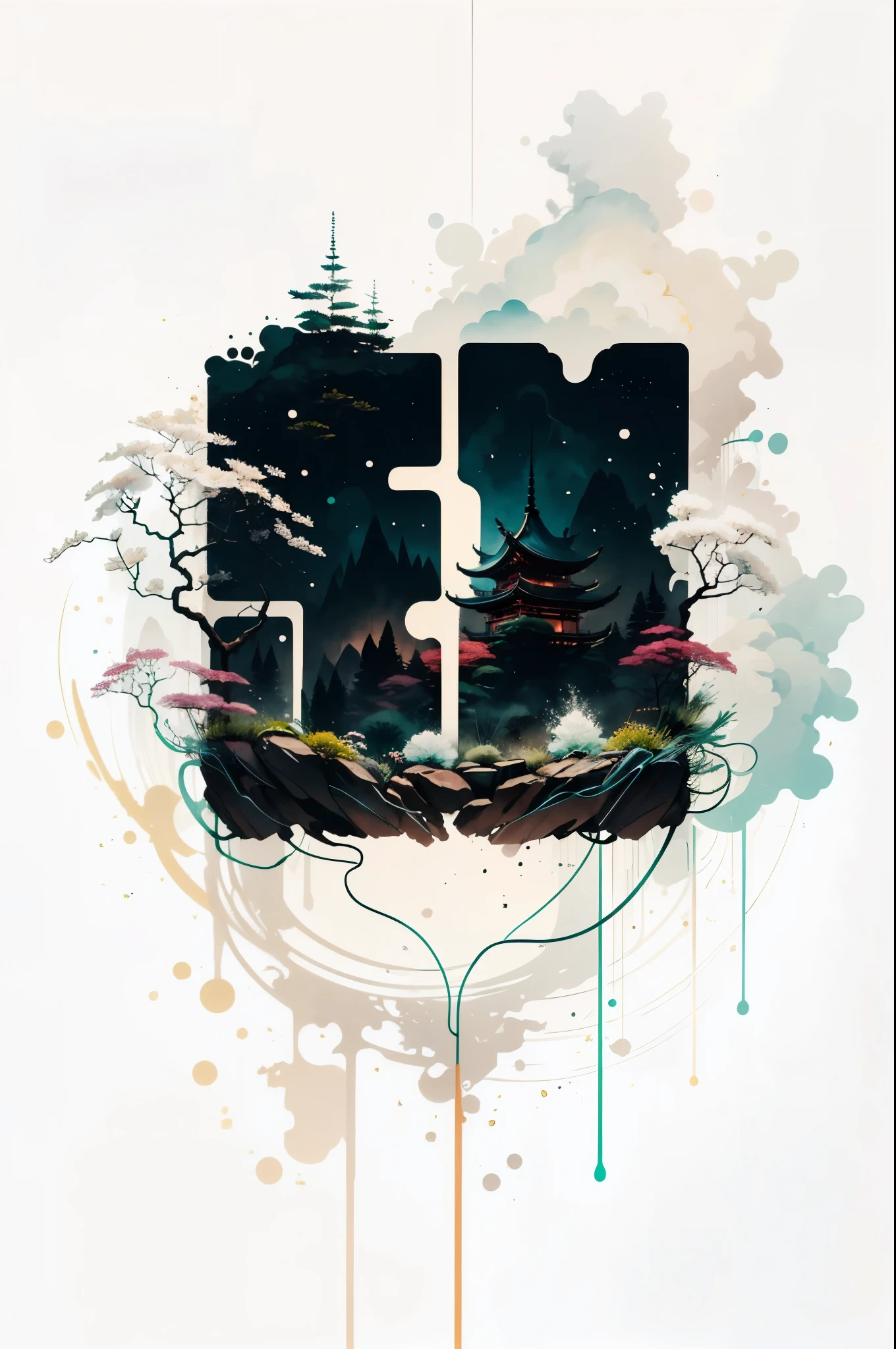 (number art,Ink and wash:1.2),Mountains, trees, rivers,flowers,lotus flower, (Oriental elements, Chinese colors, senior color matching), (3d sculpture,rendering by octane,volumettic light,Natural soft light,), (super delicate:1.2, lose focus:1.2, extremely colorful, Cinematic Lighting, Chiaroscuro,Ray Tracing), Masterpiece, super rich,super detailed,8k, zulishisong_style_great_wall