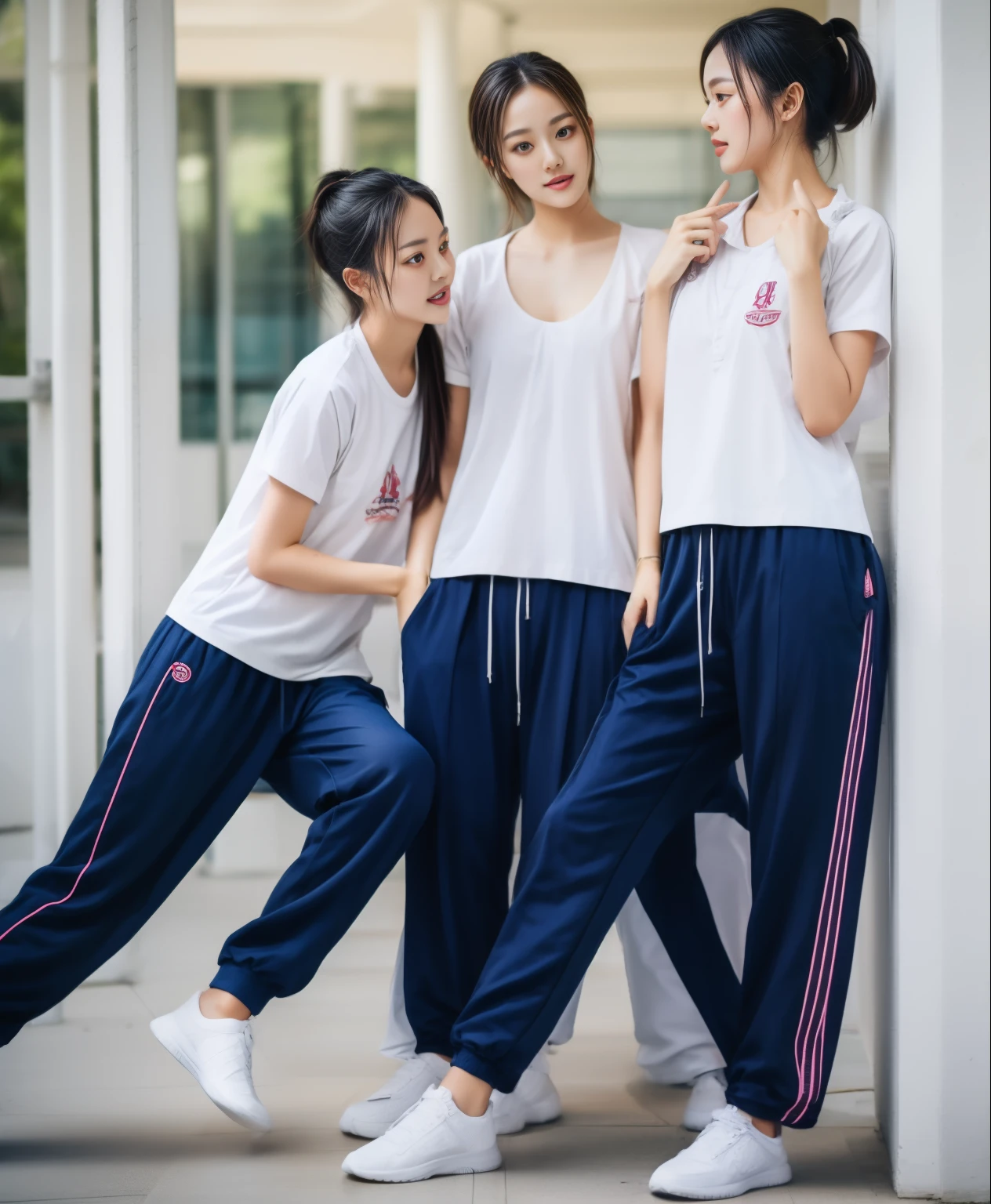 3 girls in fitness center, Navy blue short-sleeved shirt,Navy Long Trackpant,Sweatpants, Sweatpantsขายาว,25 year old girl, lesbian, sexy, exercise clothes, wet body, exercise clothes