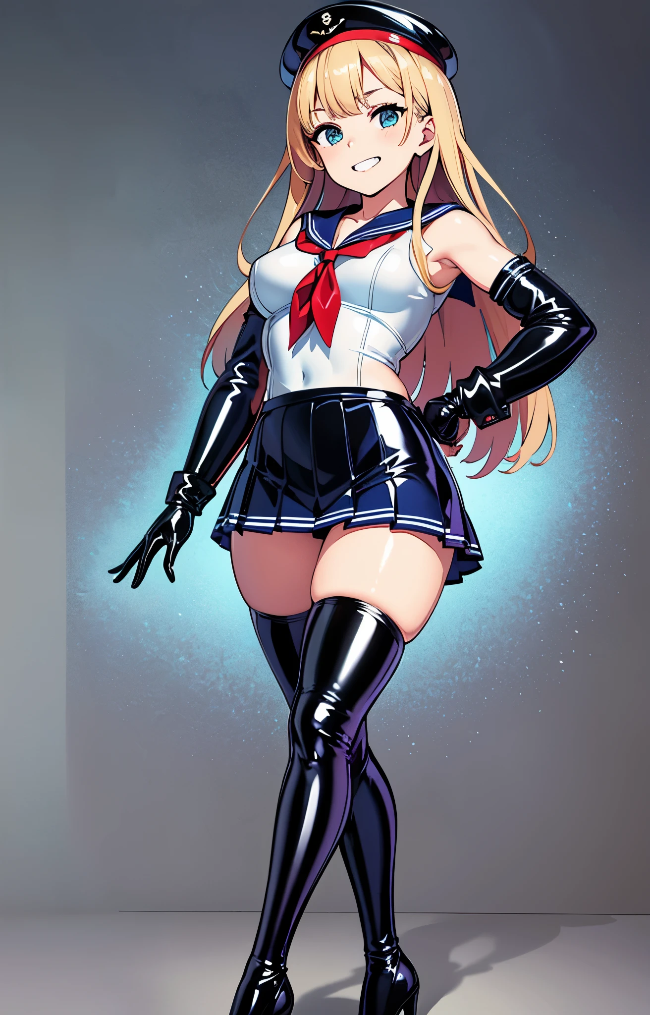official art, Highly detailed CG Unity 8K wallpaper, highest quality, masterpiece, High resolution,shiny latex thigh-high boots, Brown straight long hair, brown belt, leather shoulder bag、latex gloves, (shiny latex sailor suit:1.6)、(Latex School Uniform)、(shiny latex pleated skirt:1.6)、 Leather texture, full body photo, melon face, small face, (big breasts)、(grinning grin)、(latex high heels)、tread on、kicking