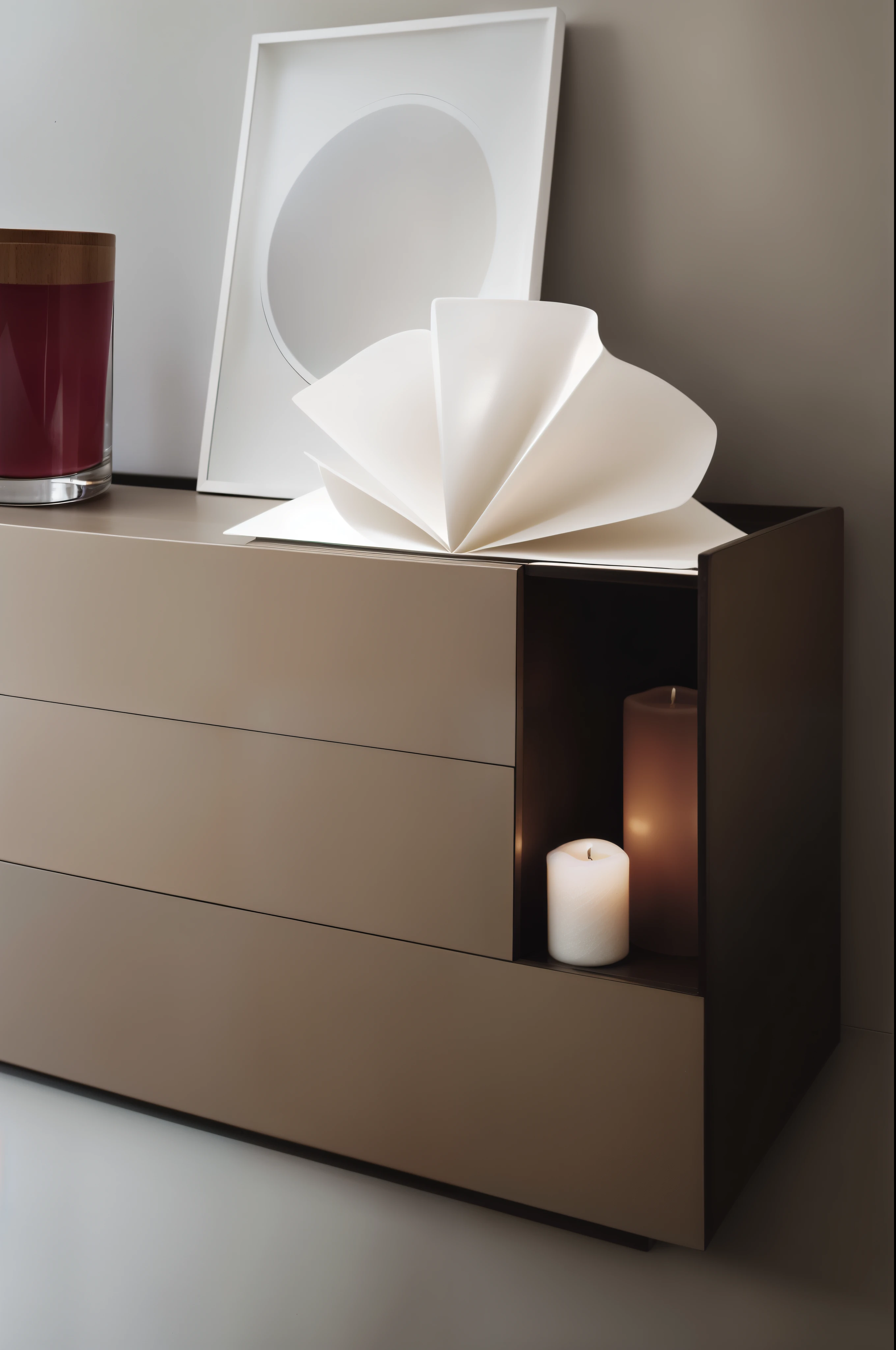 Picture of a candle on the dressing table, Depth of detail, detail shot, Sharp detailss, moody feeling, Exquisite and smooth details, Close details, The details are super exquisite”, mist, stunning details, Round and smooth shape, Clear and smooth lines, designer furniture, morning light, Inspired by Antonio Rota, Sharp details, Medium close-up composition, Texture details