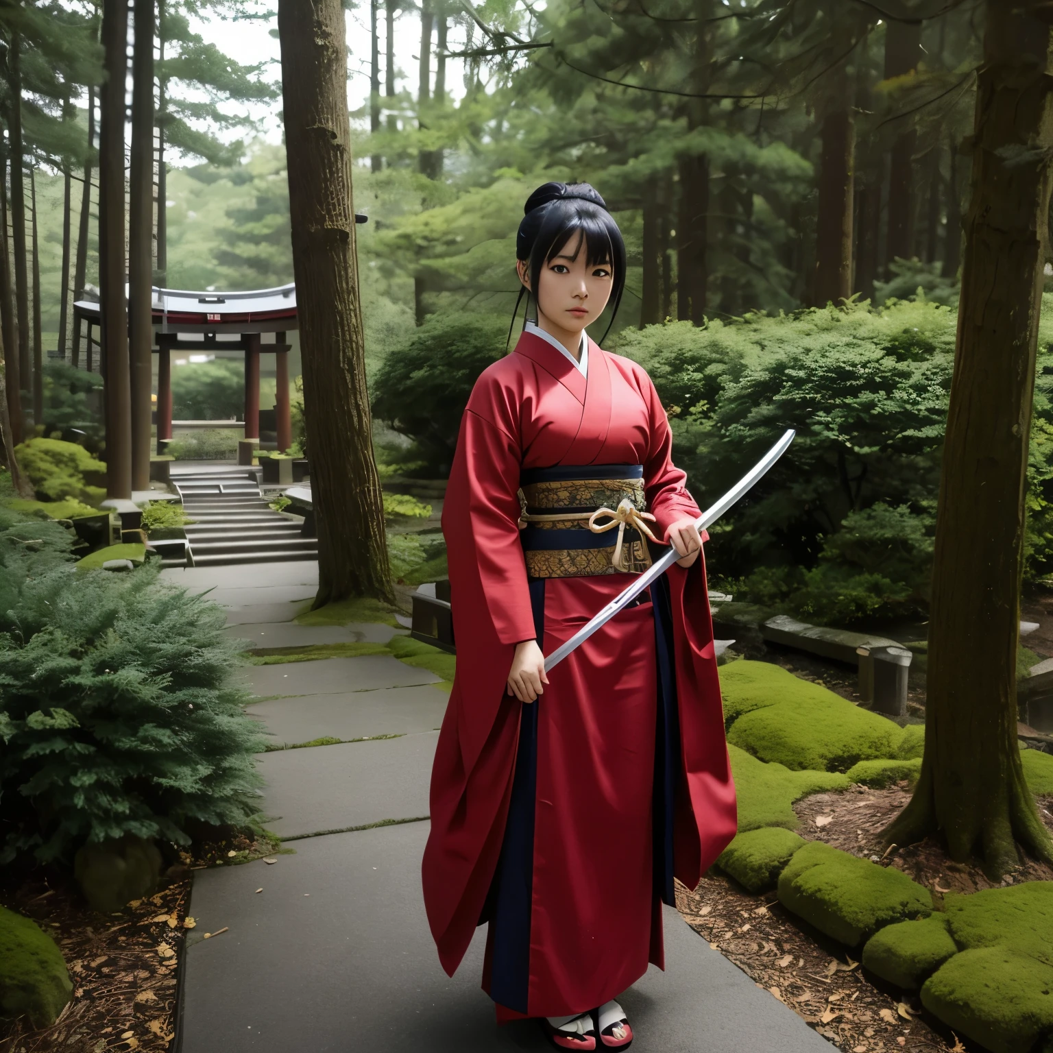 An anime japanese girl warrior whith long katana in old Japanese dress