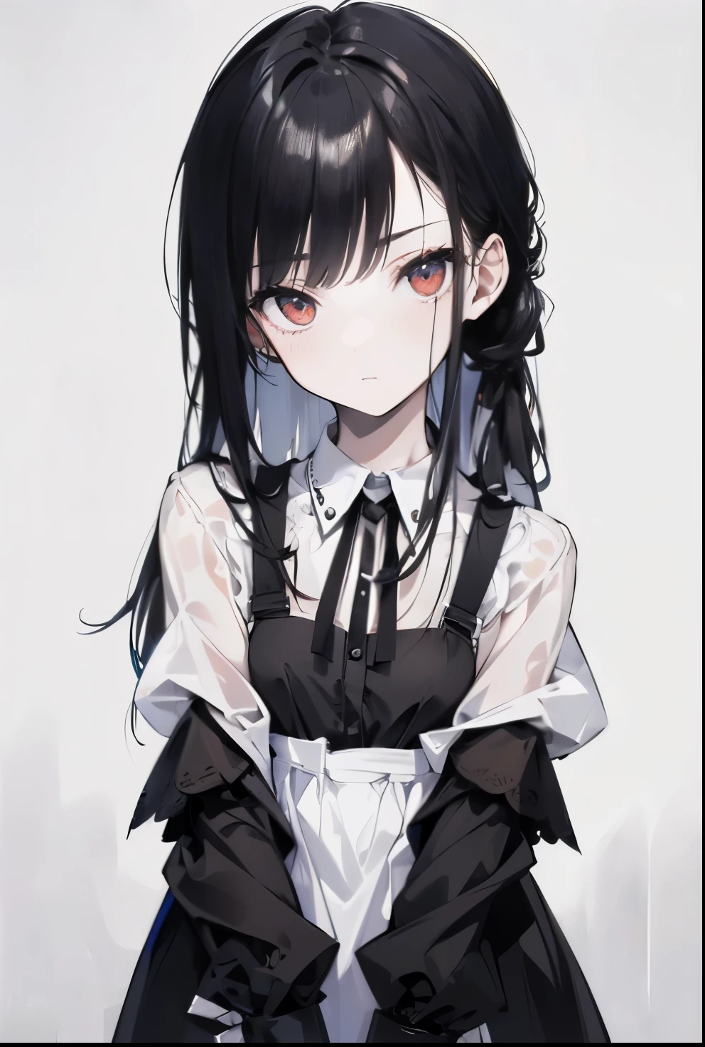 ((masterpiece, best quality)), (1 girl), (alone), (female focus), night (chainsawman),(The facial details are very rich, real image, Real white skin, photorealistic body, intricate details), Upper body, focus on face, black hair tied up, long hair, intimidating look, black apron dress, shirt, neck strap,