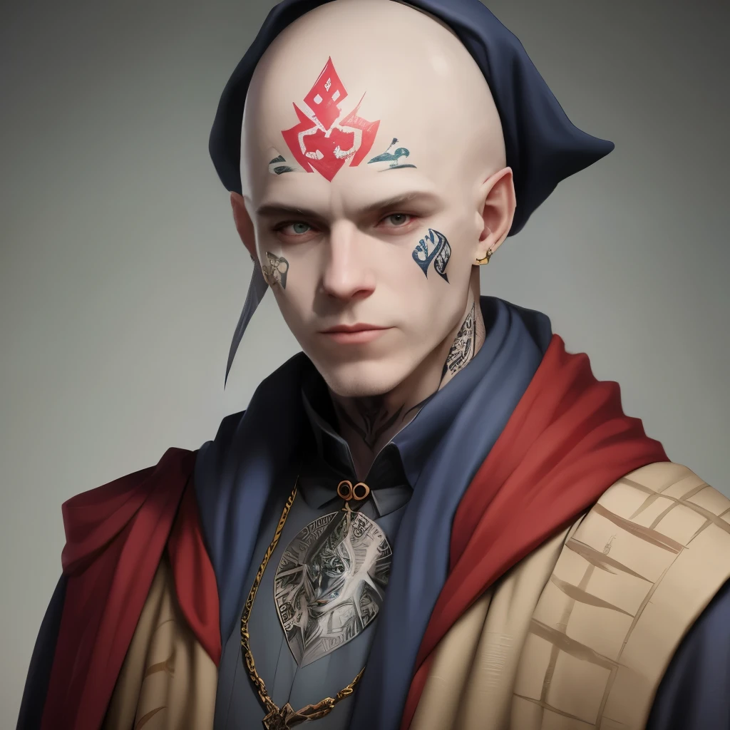 Pale bald wizard with face tattoos