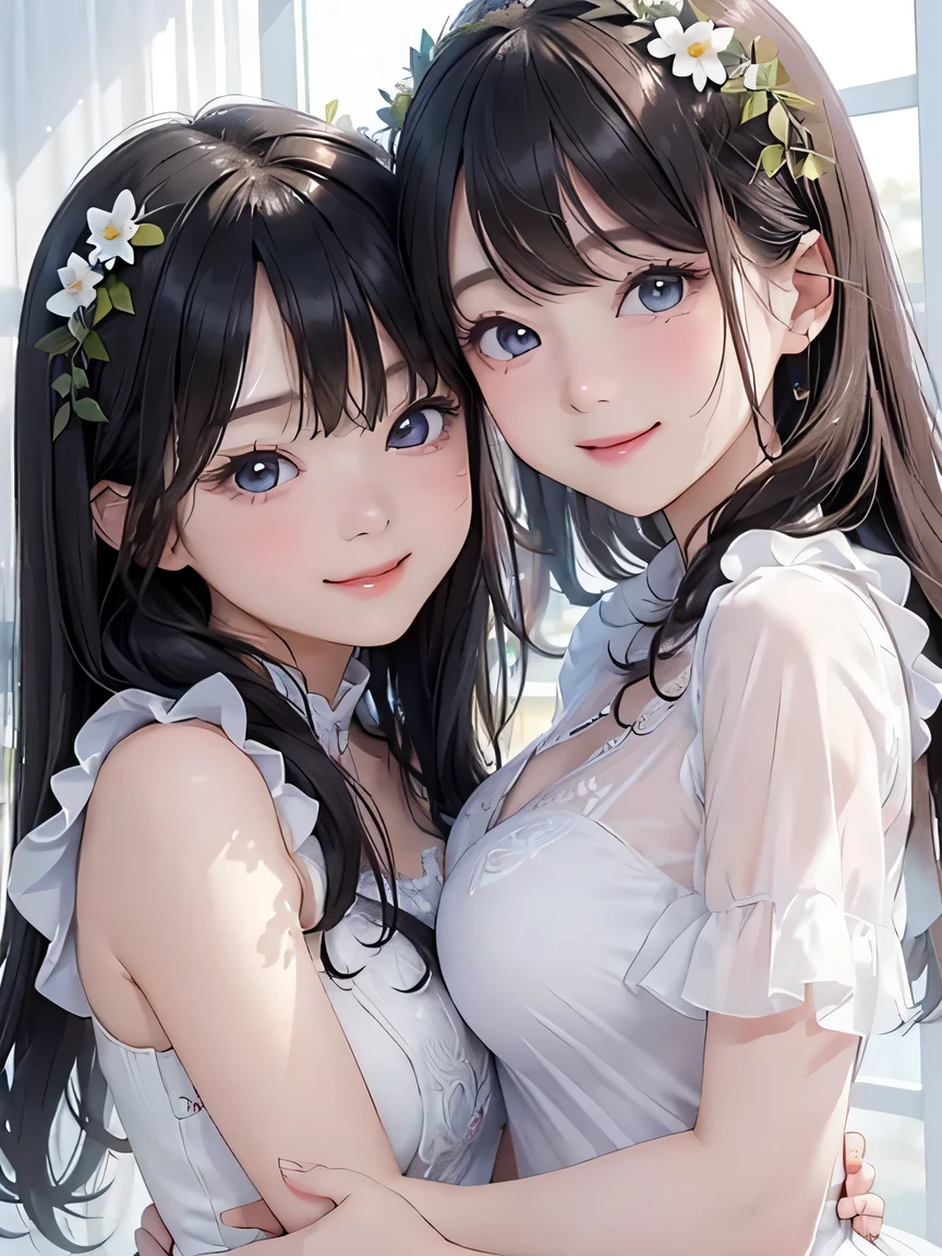 table top, highest quality, 8K, two girls、 (close up of face), (2 girls), (Hug each other and put your cheeks together)、 (Touching cheek to cheek:1.4),, (Big eyes)、Big eyes shining in beautiful pale blue, ((looking at the viewer), Medium chest, tear bag、soft ray、10 year old beautiful girl、arms behind body, armpit, unparalleled beauty、(laughter:1.3)、((open your mouth)), silky shiny skin、Pure white beautiful skin、big breasts、bust shot、((Upper body)), futuristic see-through dress、shiny silky black hair, wavy hair, , (smile:1.3)、Cute girl with the most beautiful face in the world、 ( close up of face), (Angle from the front), Flowers of all kinds々surrounded by、(rub your cheeks), drooling