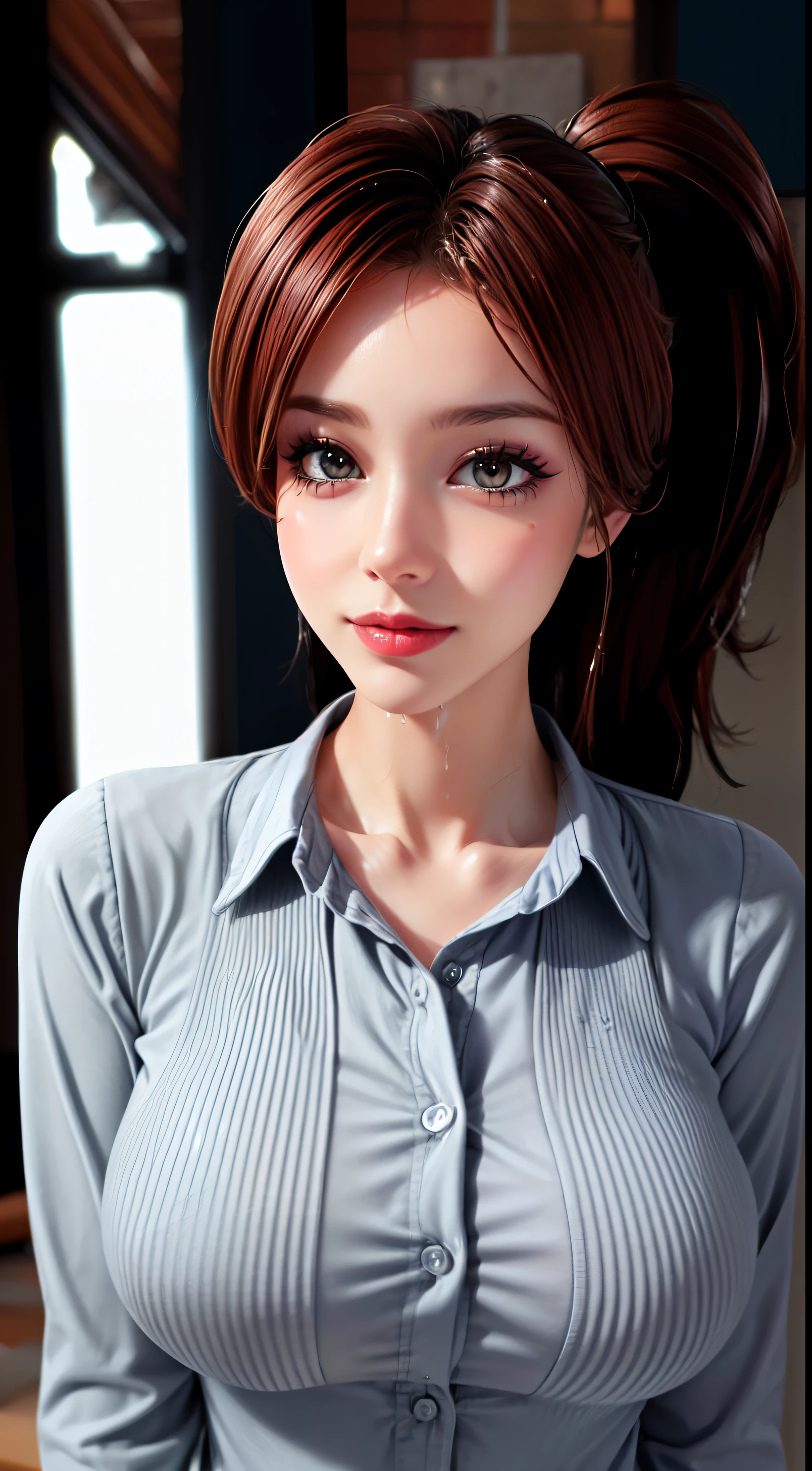 (best quality,4k,highres,ultra-detailed,realistic:1.2),portrait,anime,pixar style,beautiful detailed eyes,beautiful detailed lips,extremely detailed eyes and face,square face,45 years old,((Best Quality, 8K, Masterpiece: 1.3)), Sharp Focus: 1.2, A Beautiful Woman with Perfect Figure: 1.4, Slim Abs: 1.2, (Layered Hairstyle,: 1.2)), (Wet White Button Long Shirt: 1.3), Rain: 1.3, Street: 1.2, Wet Body: 1.1, Highly Detailed Face and Skin Texture, Detailed Eyes, Double Eyelids, huge Breasts, Smile,