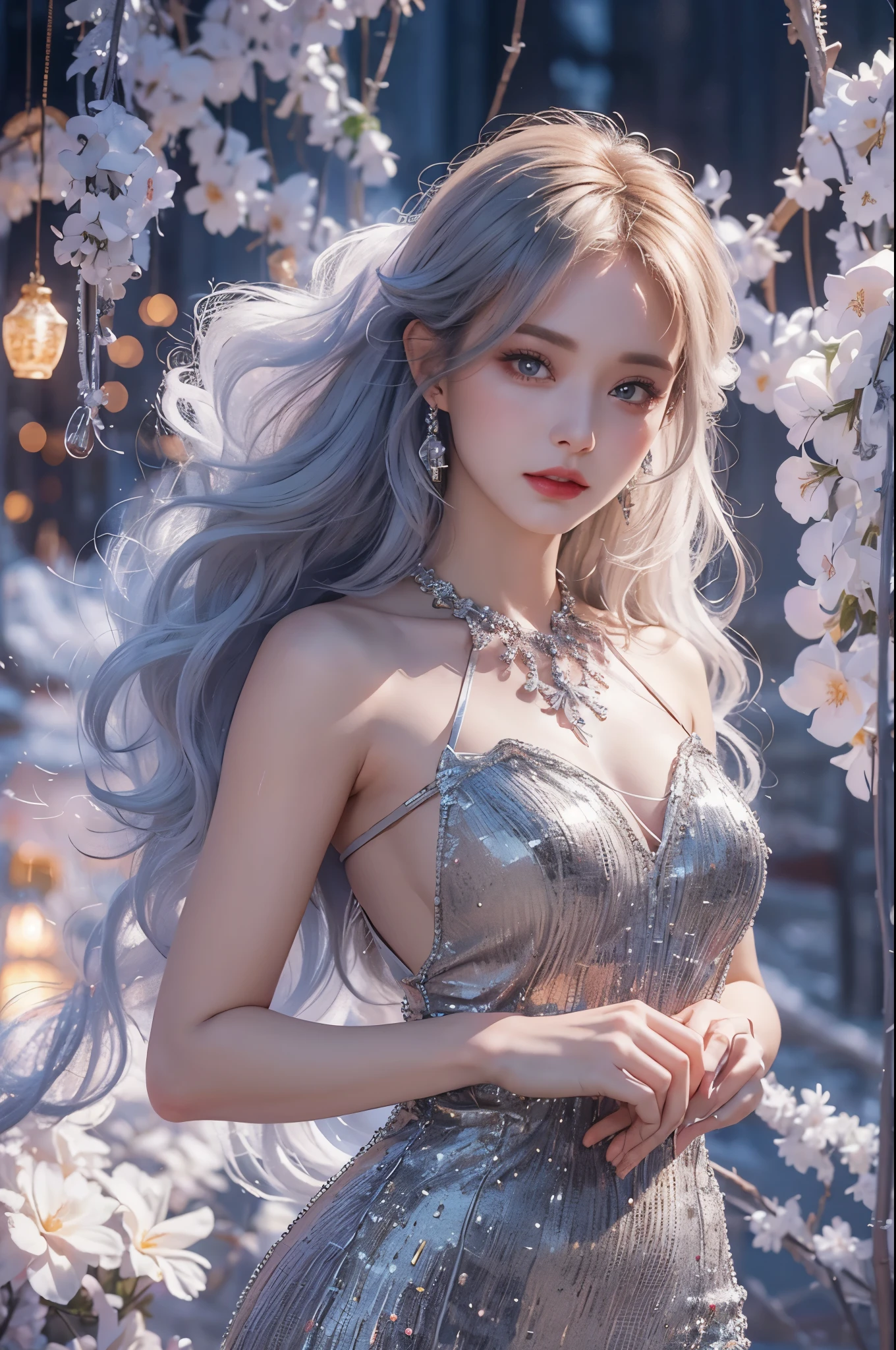 High-quality work,Realistic works,Super premium graphics,8K HD CG works,high quality graphics,High-definition and exquisite CG works,10x pixels,Ultra-fine details:1.1,Advanced technical details:1.1Realistic photo effects,Interior lighting effects:1.5,natural soft light:1.5. Light effect(Virtual light effects:1.8),超高分辨率,shining dress,sliver long hair,silber hair,transparenthair,high detailed hair(Quality hair details:1.1)Clear eyes,Double eyelids look good,Sharp eye makeup, Create exquisite eyelash makeup, tthin eyebrows, Ultra-detailed eyes,a tall nose, lovely red lips, rosey cheeks, With delicate makeup on her face , pretty face, The face shape is perfectly proportioned,(Advanced facial details:1.1)Sparkling luxury gown collection,glitter dress,Sequin coat,Shiny,Tight long skirt,Summer sexy hip wrapped fishtail sleeveless commuter maxi,Horse socks 100%Oily Panst Glossy Silk Gloss 8D Black Silk Women,Beautiful long dress with stiletto heeleautiful outfit,High fashion dress collection,Dress photography,Authentic dress work,inside a ballroom,Women's artwork,Dress full body video,真实感,Amazing Cleavage,My eyes are very bright today