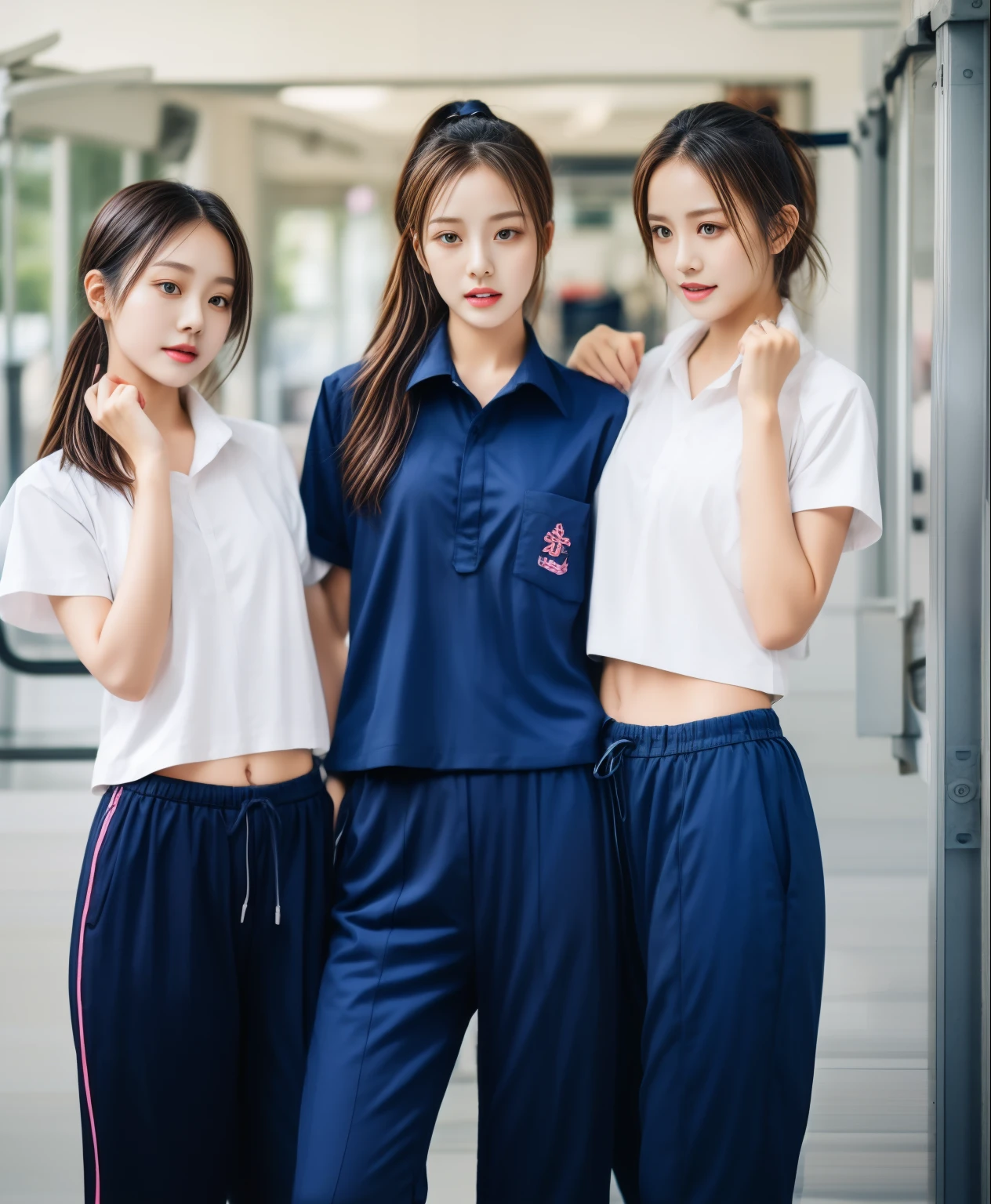 3 girls in fitness center, Navy blue short-sleeved shirt,Navy Long Trackpant,Sweatpants, Sweatpantsขายาว,25 year old girl, lesbian, sexy, exercise clothes, wet body, exercise clothes