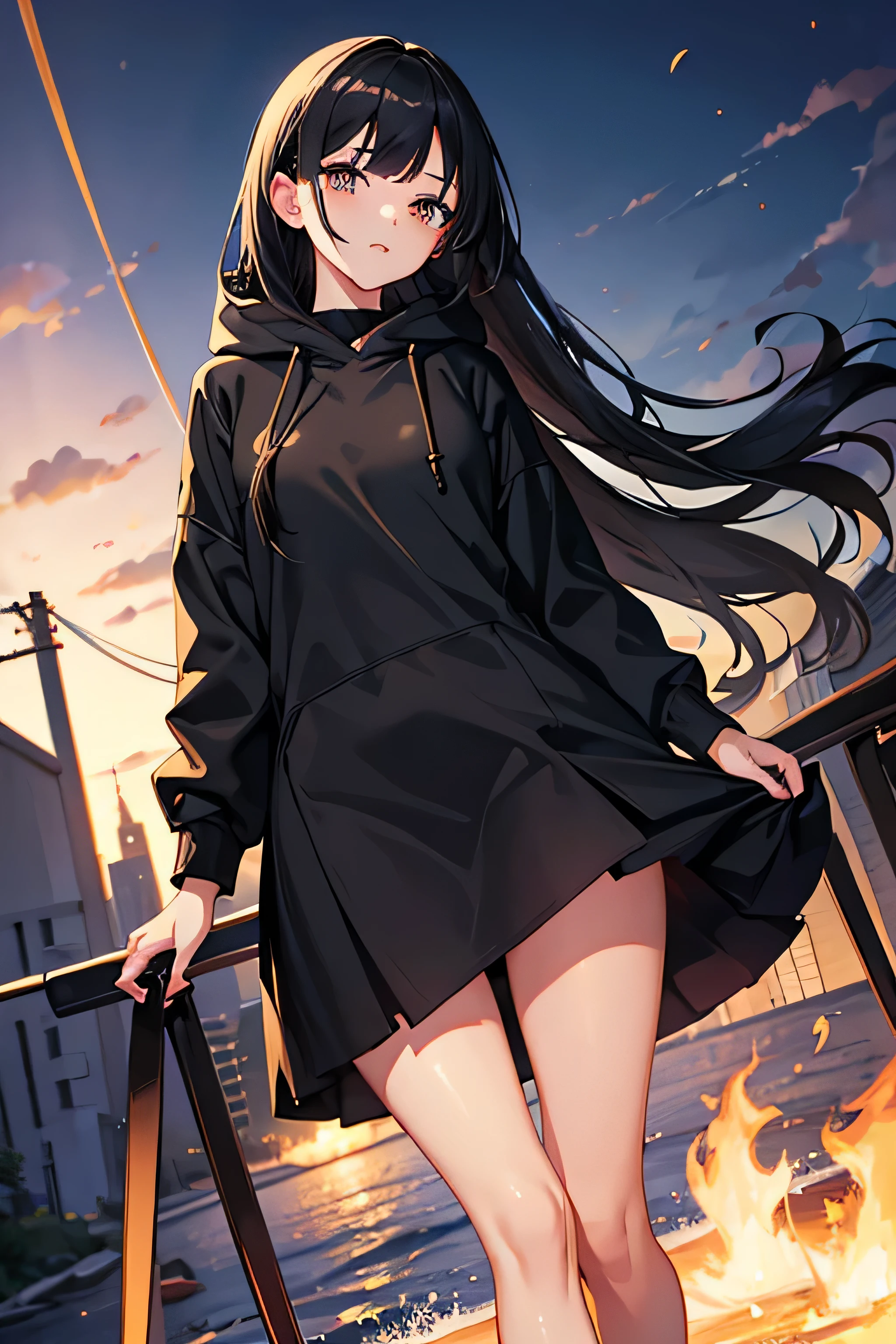 High resolution 2dimensional beautiful girl slanted eyes black hair Plain black hoodie black long skirt 20s Anime lover Game lover strong