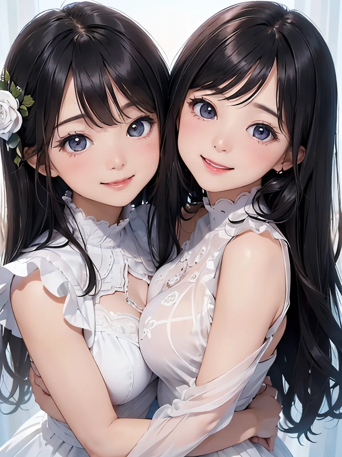 table top, highest quality, 8K, two girls、 (close up of face), (2 girls), (Hug each other and put your cheeks together)、 (Touching cheek to cheek:1.4),, (Big eyes)、Big eyes shining in beautiful pale blue, ((looking at the viewer), Medium chest, tear bag、soft ray、 beautiful girl、arm behind body, armpit, unparalleled beauty、(laughter:1.3)、((open your mouth)), silky shiny skin、Pure white beautiful skin、big breasts((Upper body)), futuristic see-through dress、shiny silky black hair, wavy hair, , (smile:1.3)、Cute girl with the most beautiful face in the world、 ( close up of face), (Angle from the front), Flowers of all kinds々surrounded by、(rub your cheeks), drooling
