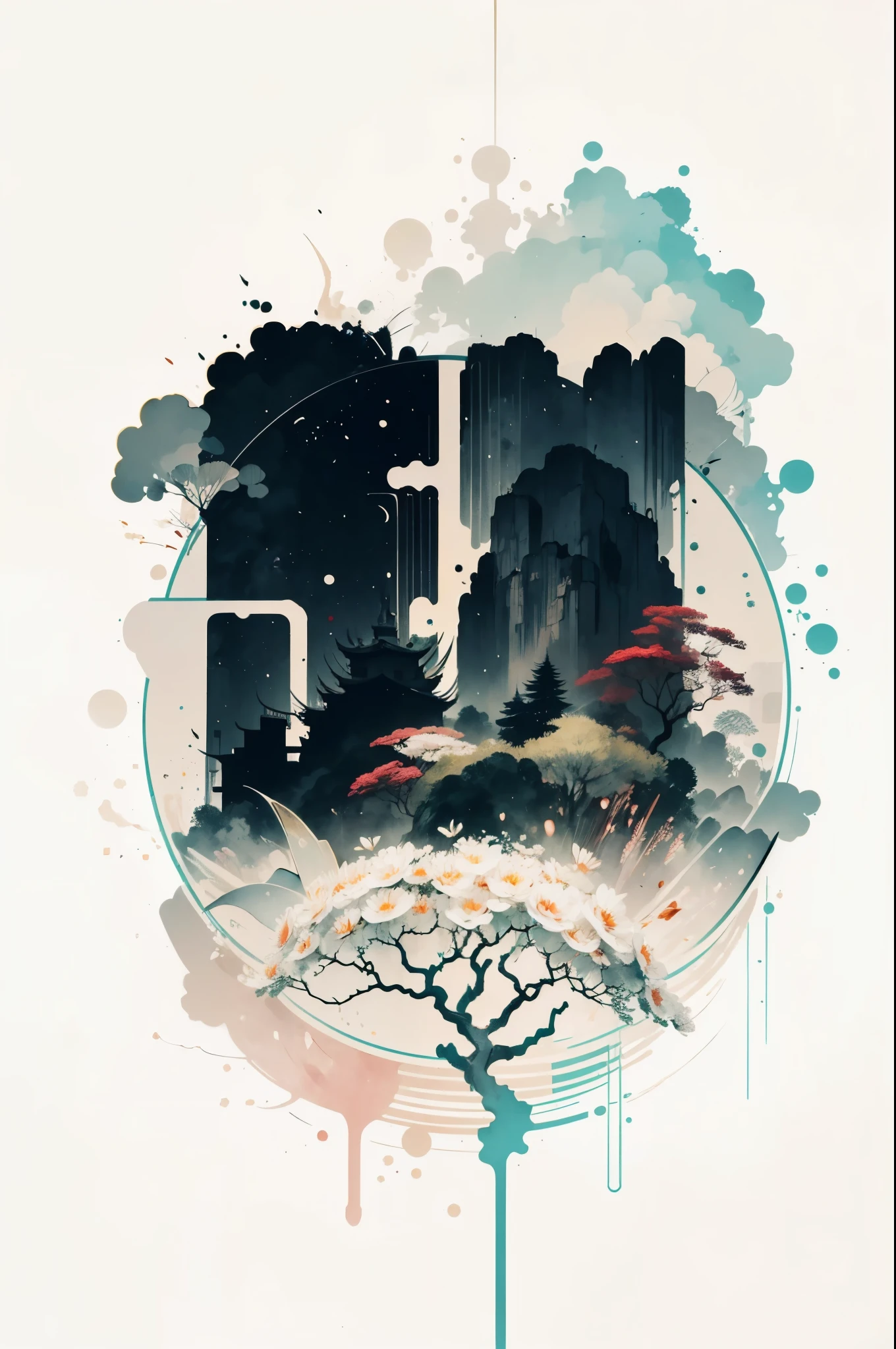 (number art,Ink and wash:1.2),Mountains, trees, rivers,flowers,lotus flower, (Oriental elements, Chinese colors, senior color matching), (3d sculpture,rendering by octane,volumettic light,Natural soft light,), (super delicate:1.2, lose focus:1.2, extremely colorful, Cinematic Lighting, Chiaroscuro,Ray Tracing), Masterpiece, super rich,super detailed,8k