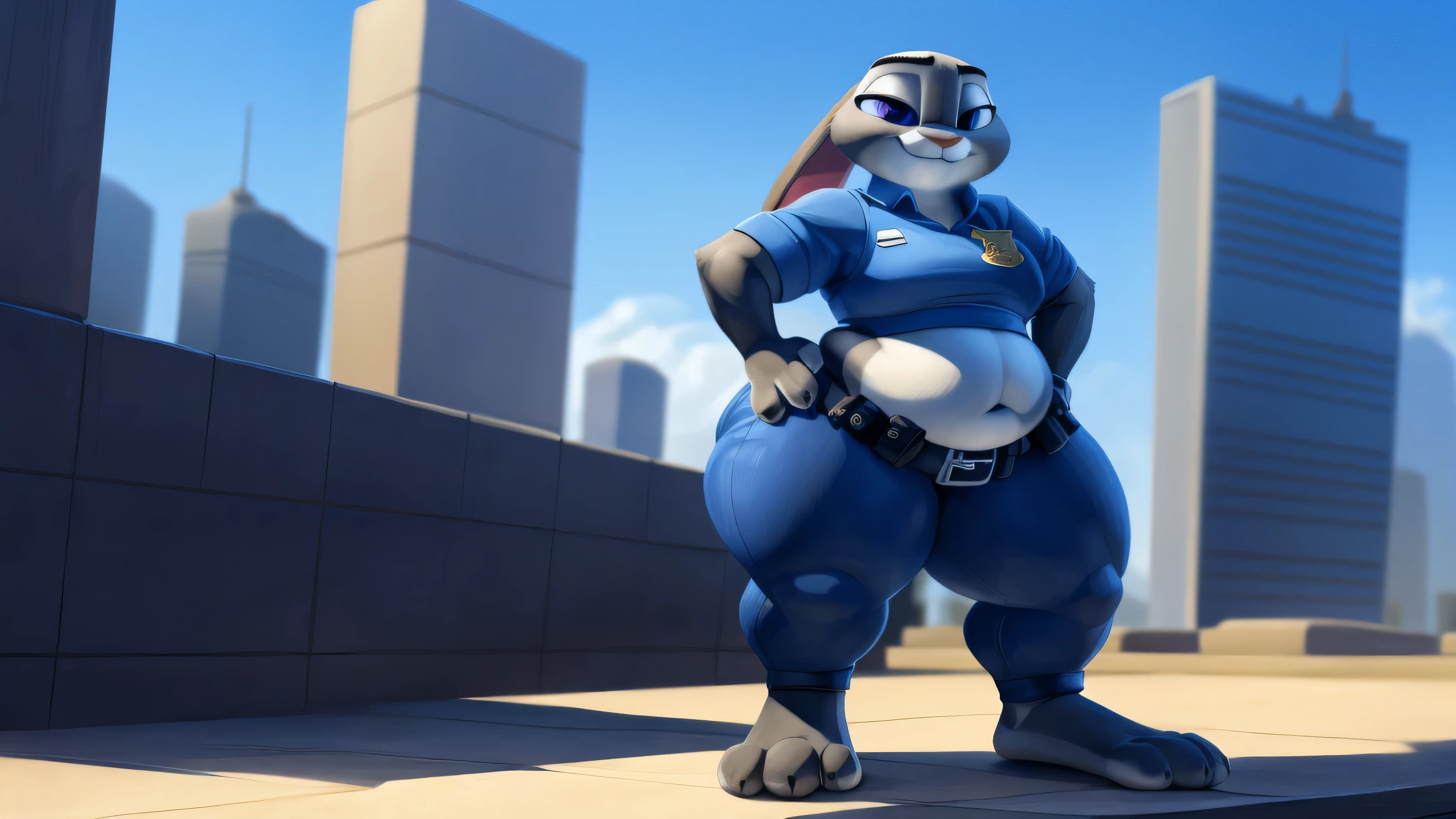 [Judy_Hopps], [zootopia], [carregado para e621.liquid; (Pixelsketcher), (wamudraws), (Siroc)], ((obra de arte)), ((High definition)), ((high resolution)), ((retrato solo)), ((corpo todo)), ((vista frontal)), ((feet visible)), ((peludo; antropo)), ((pele detalhada)), ((sombreamento detalhado)), ((beautiful rendering art)), {antropo rabbit; pelo cinza, nariz preto, (orelhas de coelho multicoloridas), (curvy hips), (lindas pernas), (beautiful feet), (lindos olhos roxos), (sorriso fofo)}, {(uniforme policial), (ZPD Police Badge), (tight blue pants)}, {(standing), (hands on hips), olhando para o espectador)}, Fundo: cidade, skyscrapers, blue sky, Curvo, muito gordo, quadris largos, enorme, coxas grossas e macias, muito gordo flabby arms, Realistic lighting, alto detalhe, Rosto detalhado, sombreamento realista, rolos de gordura, tamanho enorme, seios gigantescos e enormes transbordando de gordura, decote enorme, pesado, mais tamanho, everything is fat, textura macia, lindos olhos grandes, semi-realista, dynamic angle, pattern clothes, muito gordo, SSBBW, fat arms, very fat, IMMOBILE, 800 pounds of weight, [Giant breasts]
