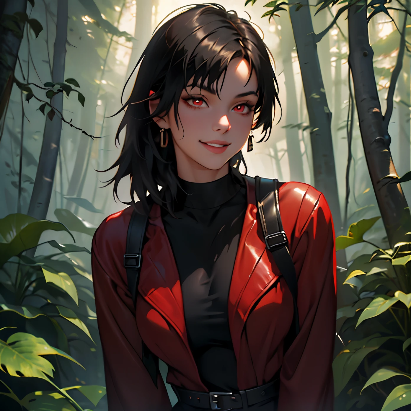 A girl with short black hair and red eyes, wearing leather clothes, with a gentle smile, in a forest environment. (eighteen years: 1.8), [vibrant colors], [oil painting], [detailed background], [soft lighting], [high resolution], [elegant atmosphere], [beautifully detailed eyes], [beautifully detailed lips ], [long eyelashes],