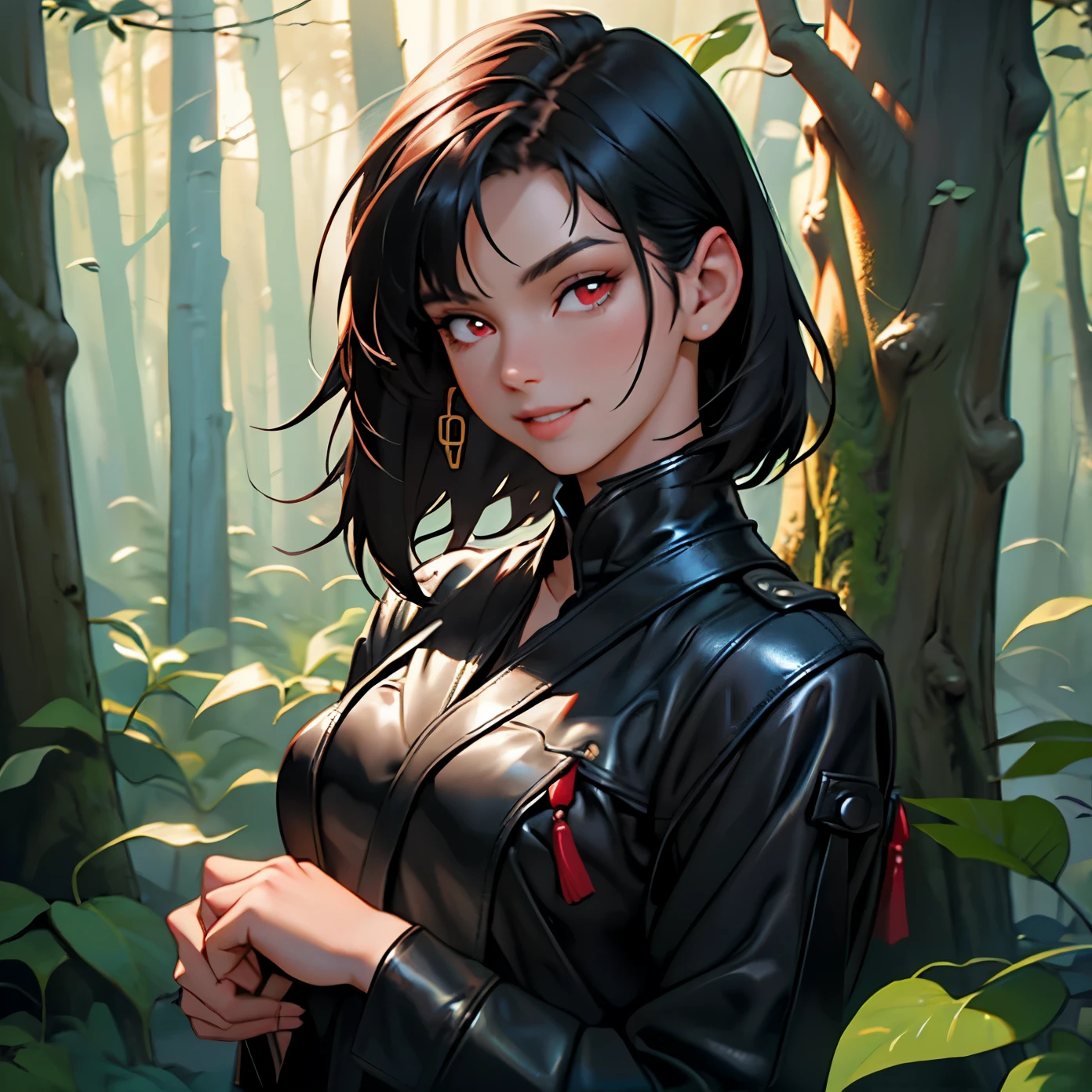 A girl with short black hair and red eyes, wearing leather clothes, with a gentle smile, in a forest environment. (eighteen years: 1.8), [vibrant colors], [oil painting], [detailed background], [soft lighting], [high resolution], [elegant atmosphere], [beautifully detailed eyes], [beautifully detailed lips ], [long eyelashes],