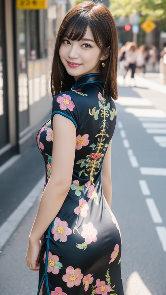 (top-quality、超A high resolution、​masterpiece:1.3), Midhair with bangs, Detailed moisturized eyes, Textured skin, Best Quality, 8K, blurry backround, (Colossal tits:1.1, long legged, Legs exposed through slits), Natural Color Lip, ssmile, Woman with perfect style, You're in a high-traffic area, (Girl in cheongsam with colorful pattern:1.2), Facing the front, Looking at the camera