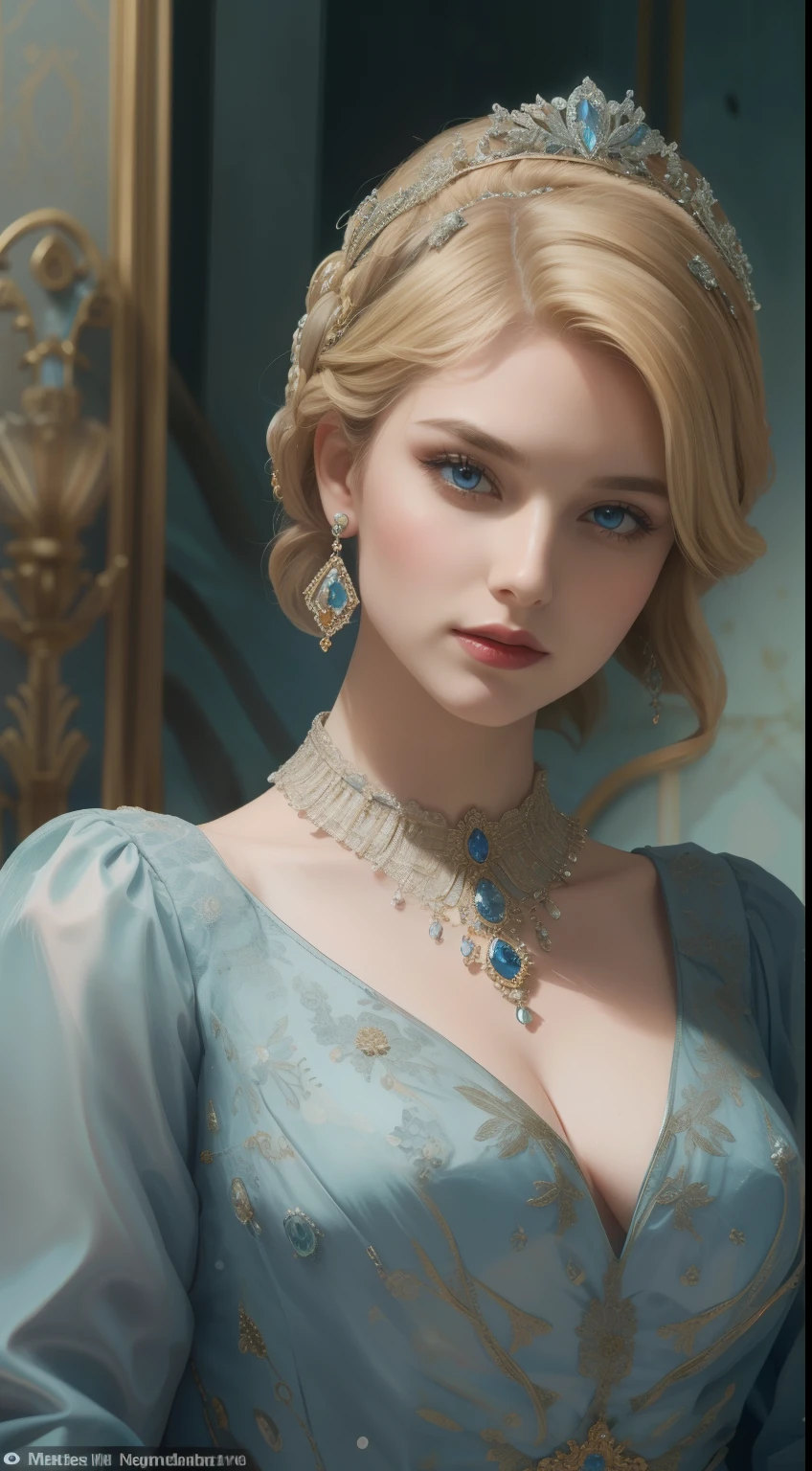 masterpiece,Highest image quality,Beautiful bust of a royal lady,Sophisticated blonde hairstyle,blue eyes,Embellished with a dazzling array of intricate jewels,Super details,advanced。