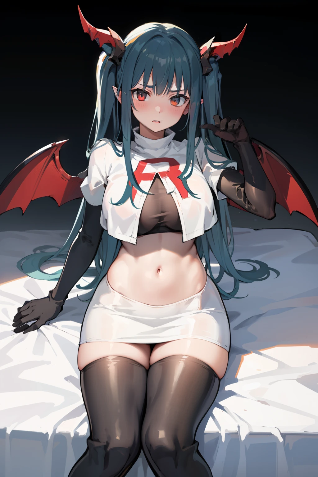 Default, RegensburgOutfit, 1girl, solo, wings, looking at viewer, blush, bangs, parted lips, demon wings, team rocket,team rocket uniform,white skirt,red letter R,crop top,black thigh-highs,black elbow gloves
