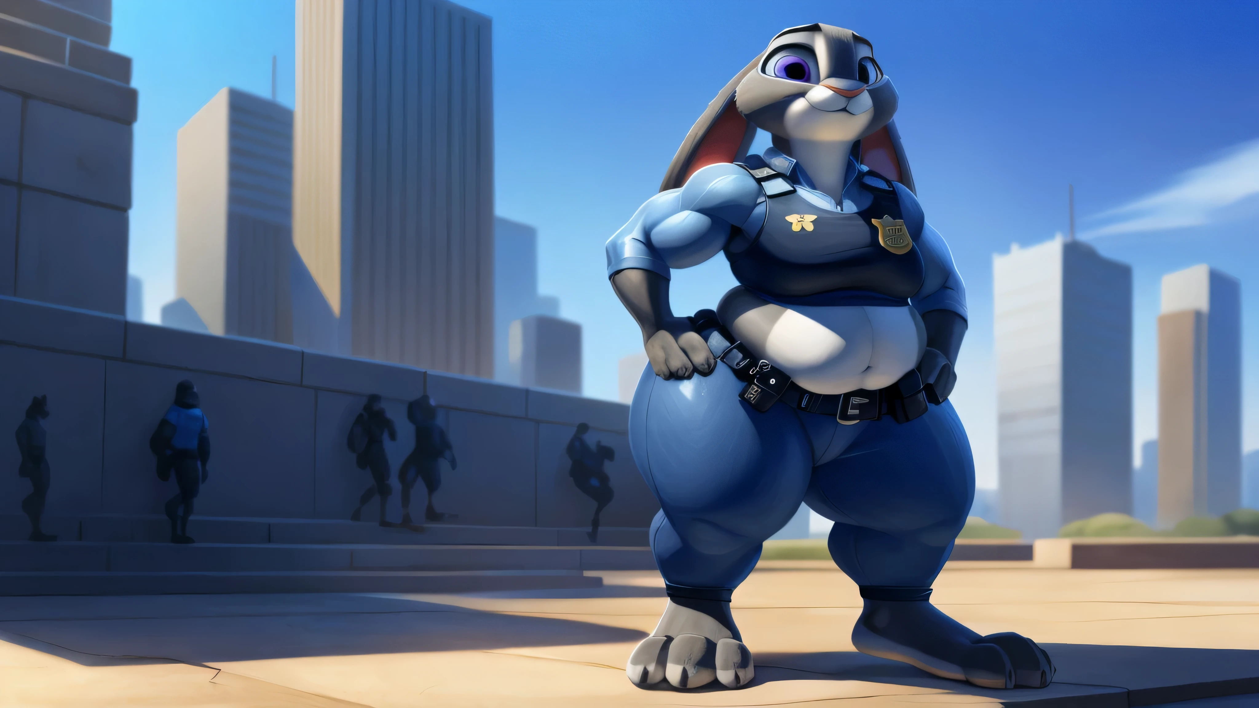 [Judy_Hopps], [zootopia], [carregado para e621.liquid; (Pixelsketcher), (wamudraws), (Siroc)], ((obra de arte)), ((High definition)), ((high resolution)), ((retrato solo)), ((corpo todo)), ((vista frontal)), ((feet visible)), ((peludo; antropo)), ((pele detalhada)), ((sombreamento detalhado)), ((beautiful rendering art)), {antropo rabbit; pelo cinza, nariz preto, (orelhas de coelho multicoloridas), (curvy hips), (lindas pernas), (beautiful feet), (lindos olhos roxos), (sorriso fofo)}, {(uniforme policial), (ZPD Police Badge), (tight blue pants)}, {(standing), (hands on hips), olhando para o espectador)}, Fundo: cidade, skyscrapers, blue sky, Curvo, muito gordo, quadris largos, enorme, coxas grossas e macias, muito gordo flabby arms, Realistic lighting, alto detalhe, Rosto detalhado, sombreamento realista, rolos de gordura, tamanho enorme, seios gigantescos e enormes transbordando de gordura, decote enorme, pesado, mais tamanho, everything is fat, textura macia, lindos olhos grandes, semi-realista, dynamic angle, pattern clothes, muito gordo, SSBBW, fat arms, very fat, IMMOBILE, 800 pounds of weight, [Giant breasts], [Big ]
