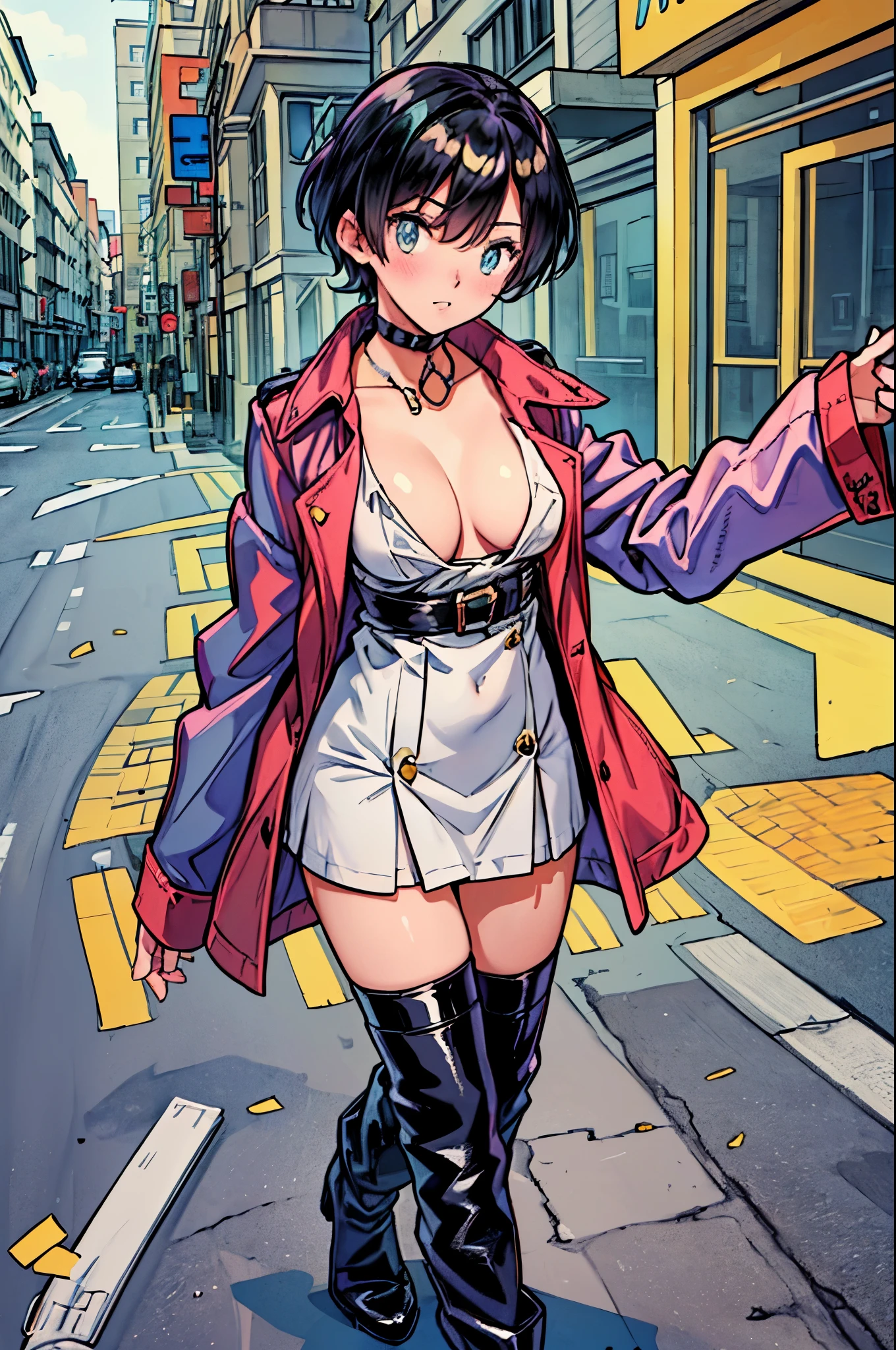 best quality,ultra-detailed,((full body)),((one boy)),((fem boy)),((trap)),((short hair)),((man’s face)),((man’s body)),((dress up as a woman)),blush,flustred,((no breasts)),((trench coat)),((high-heel-long boots inblack)),vibrant colors,soft lighting,background:street