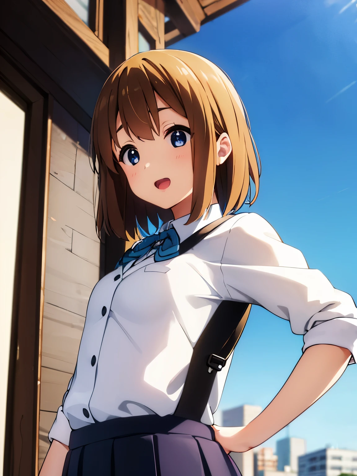 1girl, (((​masterpiece))), top-quality, top-quality, High Details, Hirasawa Yui, 1girl, Sakuragaoka High School Uniform, student clothes, two yellow hairpin, short hair, A brown-haired, brown-eyed, 独奏, reddish, Dark blue blazer with thin blue ribbon, Solid white buttoned shirt under blazer, illustratio, comic strip, soothing tones, Subdued Color, Soft cinematic light, adobe lightroom, photolab, HDR, intricately and hyper-detailed、(((depth of fields))))。(((​masterpiece)))。(((top-quality))).)((ultra-detailliert)))。(((illustratio)))。(((takeout))).dynamic focus.big breasts.(((Skyscrapers))).(((A city scape))).(((Face of happiness))). open mouth.(((put hands on the hip))).(((up chest))).((afternoon glow)).((the setting sun)).