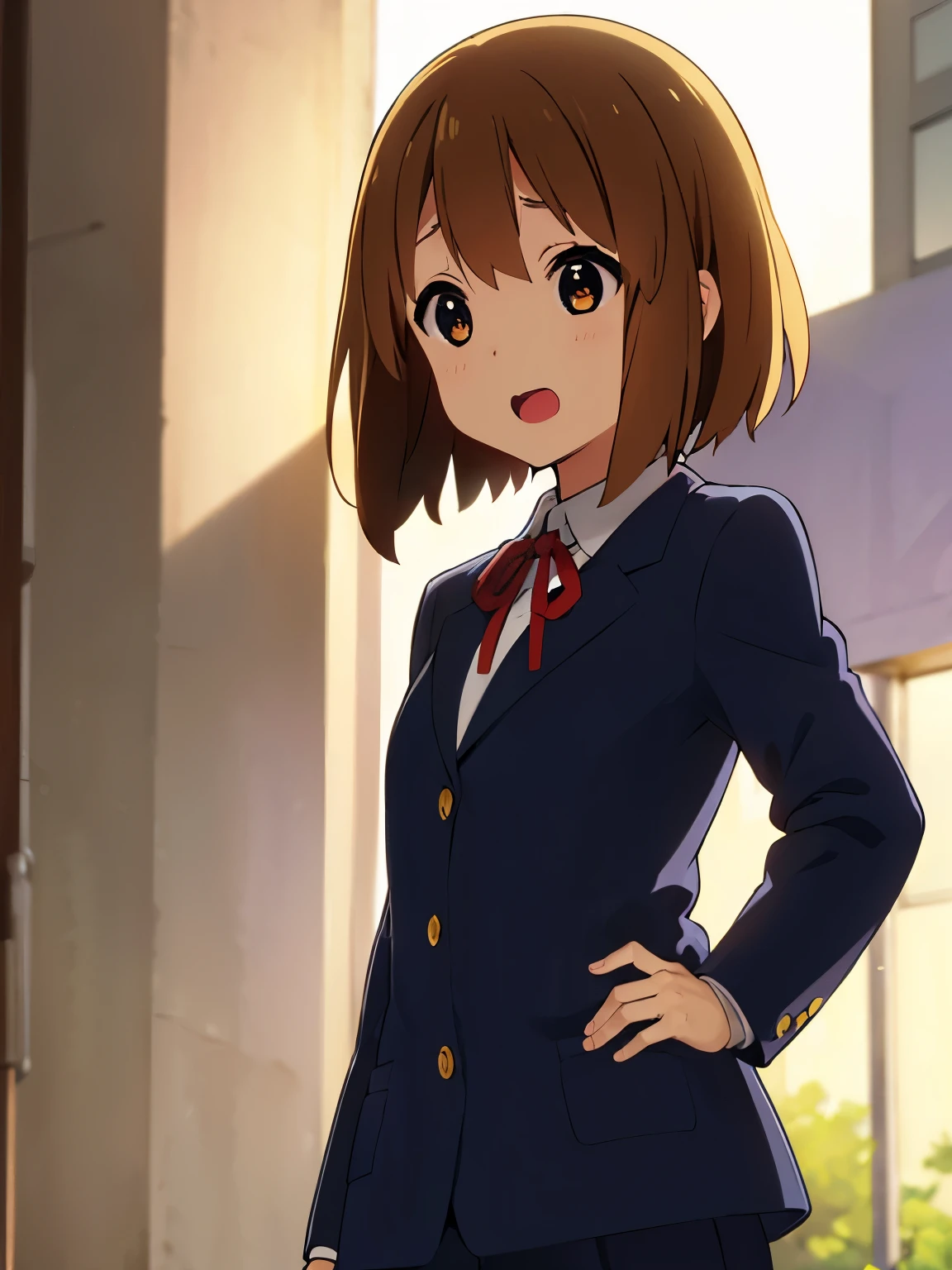 1girl, (((​masterpiece))), top-quality, top-quality, High Details, Hirasawa Yui, 1girl, Sakuragaoka High School Uniform, student clothes, two yellow hairpin, short hair, A brown-haired, brown-eyed, 独奏, reddish, Dark blue blazer with thin red ribbon, Solid white buttoned shirt under blazer, illustratio, comic strip, soothing tones, Subdued Color, Soft cinematic light, adobe lightroom, photolab, HDR, intricately and hyper-detailed、(((depth of fields))))。(((​masterpiece)))。(((top-quality))).)((ultra-detailliert)))。(((illustratio)))。(((takeout))).dynamic focus.big breasts.(((Skyscrapers))).(((A city scape))).(((Face of happiness))). open mouth.(((put hands on the hip))).(((up chest))).((afternoon glow)).((the setting sun)).