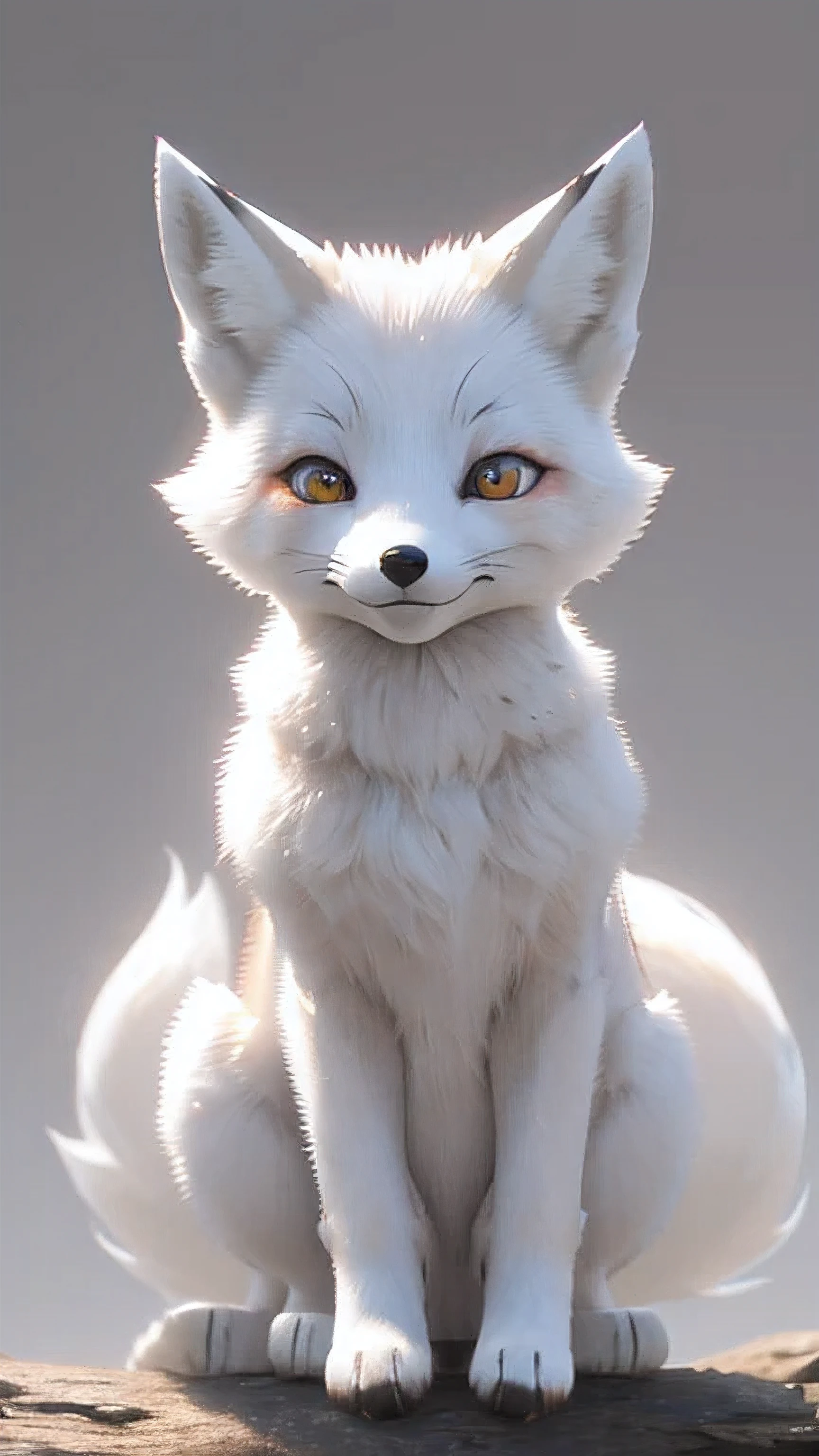 ((white fox)),fat fox, masterpiece, highest quality, 8K, High resolution, photograph, film grain, chromatic aberration, HDR, dynamic lighting,((Front view)), ((positive)), shining background, (gray background:1.4), most detailed, very detailed, Super detailed, finely, (big pupil, realistic student:0.8), cute fox, A smiling fox, in the forest, laughing fox, So cute, ((look forward)), ((whole body)), Little fox, The kids `s,