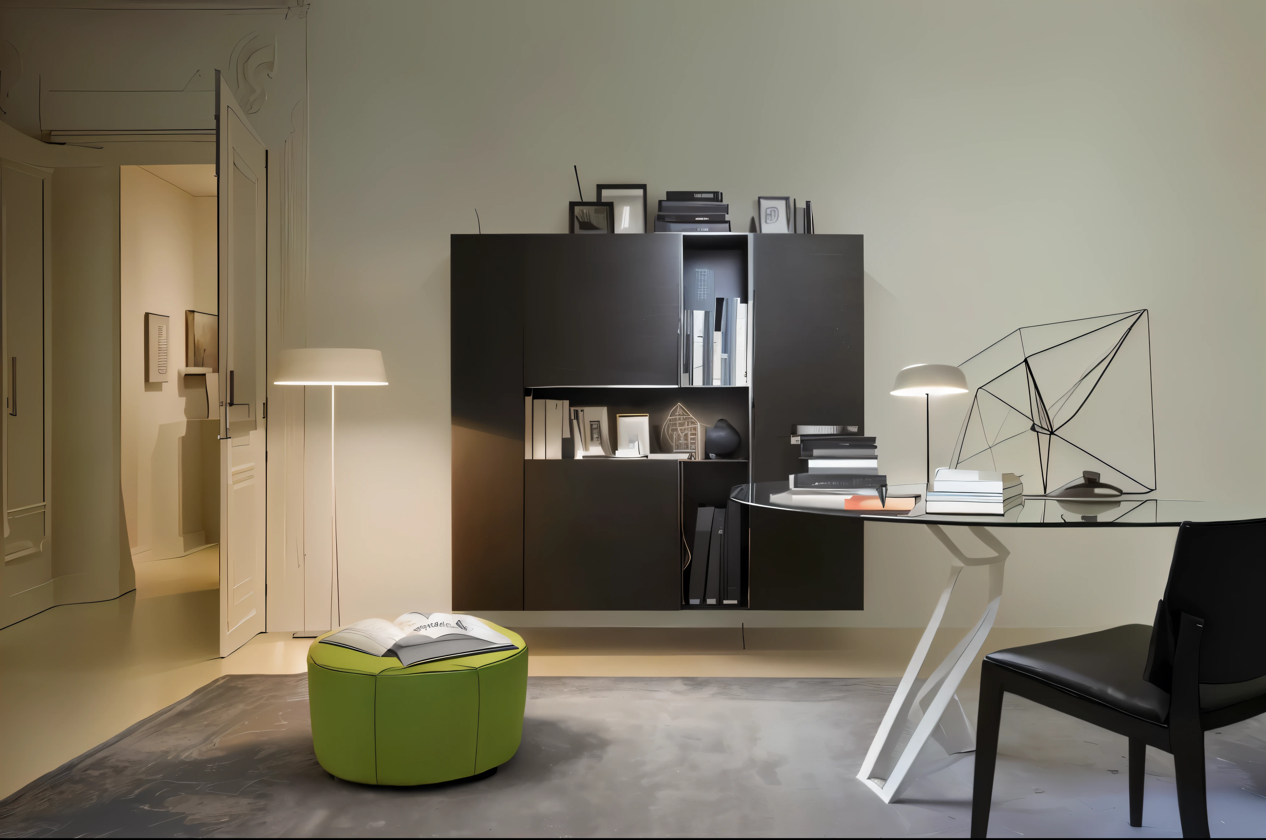 There is a small table in the room,there is a light on it, Stylish utopian design, designer furniture, elegant study room, author:Alfredo Volpi, Inspired by Antonio Rota, minimally modern, cabinet furniture, inspired author:Alfredo Volpi, Dark and modern, modern gallery furniture, simple office, exhibit&Quote;, Furniture and Decoration, furniture concept photo!!, Furniture design, contemporary