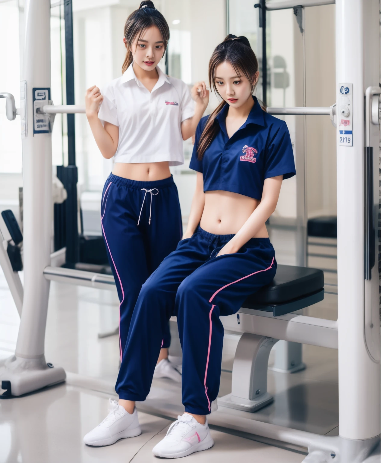 3 girls in fitness center, Navy blue short-sleeved shirt,Navy Long Trackpant,Sweatpants, Sweatpantsขายาว,25 year old girl, lesbian, sexy, exercise clothes, wet body, exercise clothes