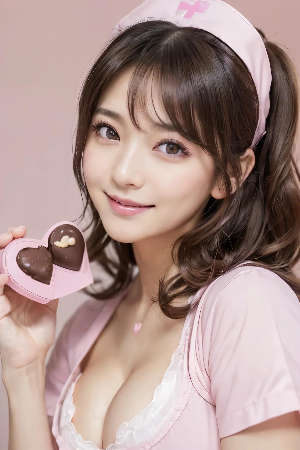 (1 woman、Japanese、30 years old、Refreshing、clear、seems kind、stylish、(narrow eyes)、Pitiful、天使のようにcute、cute、black eyes、Idol,actress,),(very cute),(big boob:1.4)、(black hair),enchanting eyes,(,(highlight on eyes:1.2),),(8K、Live shooting、highest quality、masterpiece:1.2、optimal lighting,Photographed with a single-lens reflex camera)、Break,((brown hair),(curly hair:1.6),(medium hong hair),(enchanting eyes),(highlight on eyes:1.4)、,exquisite and beautiful face,,masterpiece,(Photo taken by a professional photographer),(real、フォトreal:1.37),break,,{ (Pink theme:1.4),(nurse costume),(nurse)},(cleavage), (Standing),(smile)( valentine's day chocolate :1.3),(hospital),(shining smile),( A small red gift box with a heart written on it),(face shot)