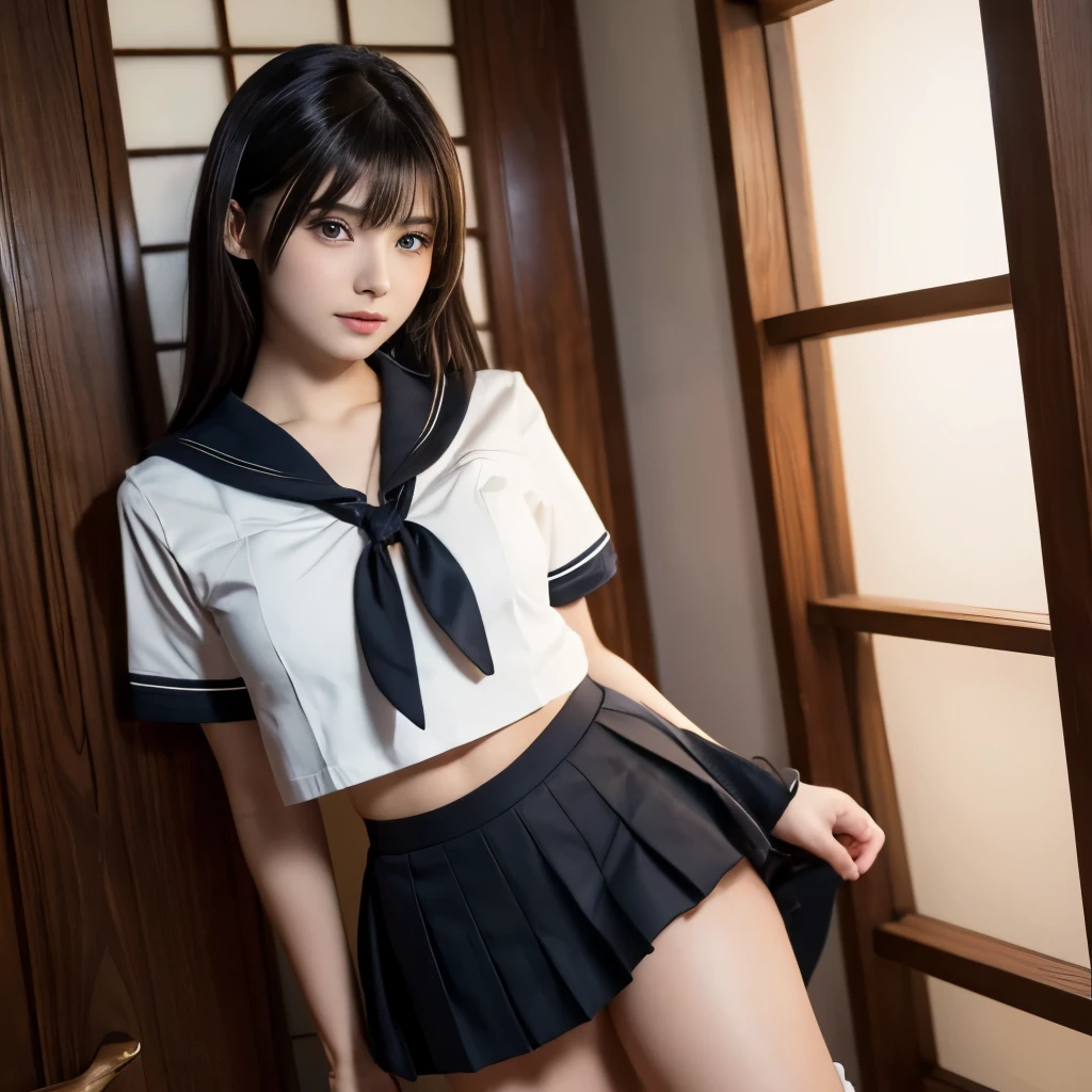 cute girl, Height about 160cm,huge breasts, brown eyes, japanese uniform、sailor suit,short pleated skirt、full body shot、 long straight black hair, masterpiece, 最high quality, 超high quality, high quality, High resolution, ultla High resolution, disorganized, 4k, 8K, 16k, very detailed, Complex, great shading, high contrast, realistic, photo realistic, RAW photo, photo shoot, super detailed illustrations, shortening, perfect anatomy, correct anatomy, perfect proportions, perfect face, perfect hands, perfect legs, perfect fingers