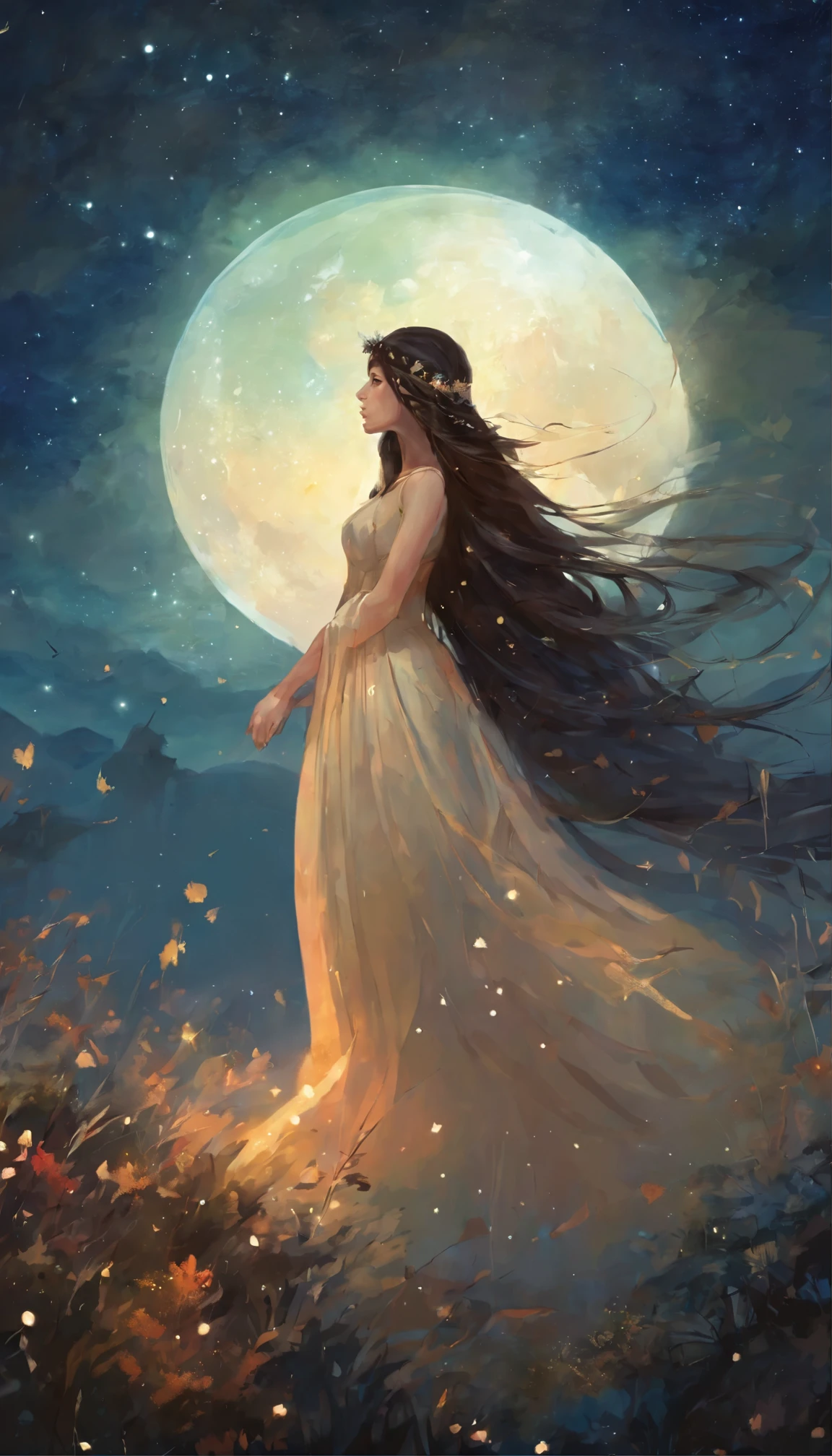 uma imagem noturna no campo, Starry sky and full moon
