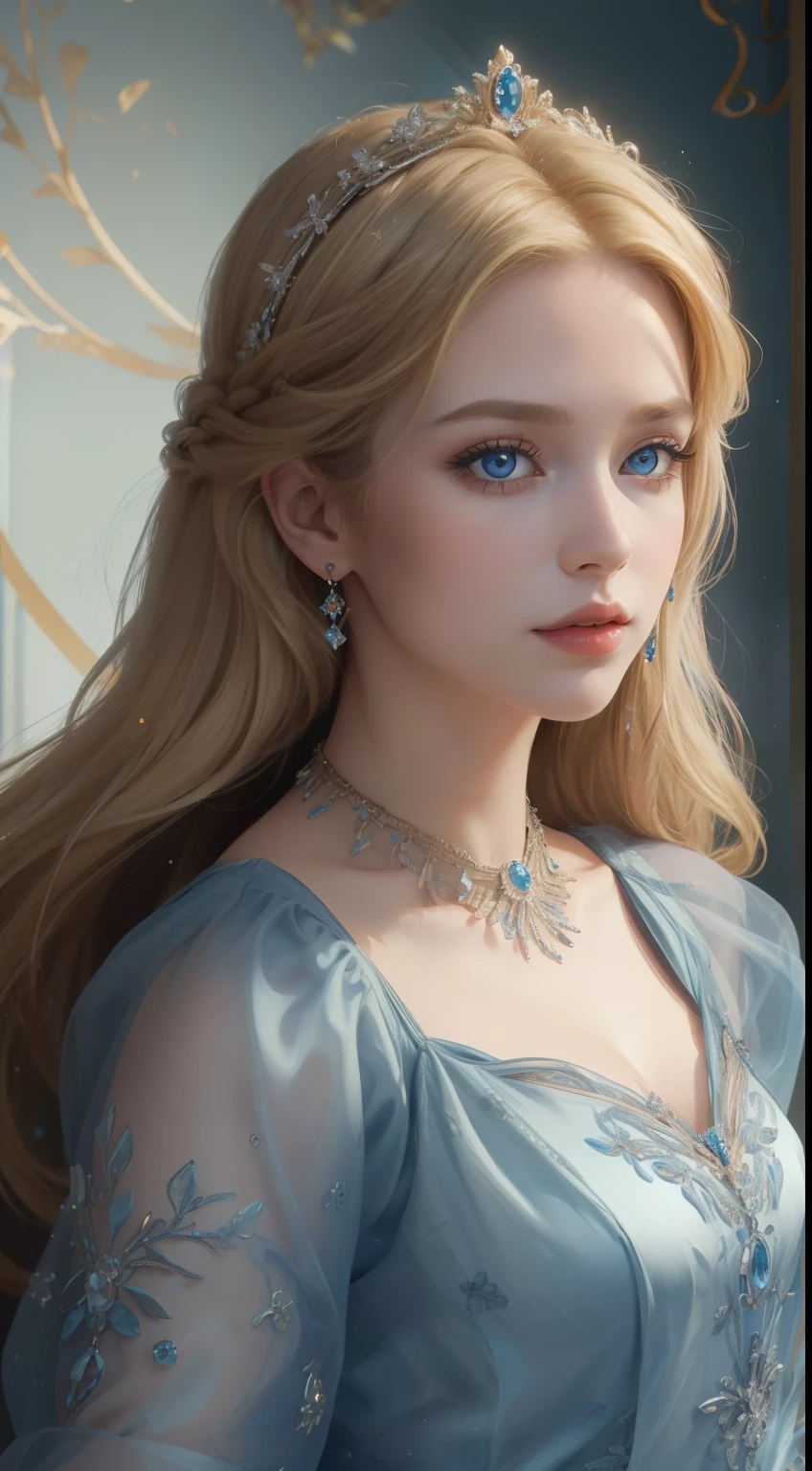 (best quality,4k,8k,highres,masterpiece:1.2),ultra-detailed,realistic:1.37,portrait,beautiful blonde hairstyle,blue eyes,elaborately adorned with a dazzling array of intricate jewelry,royal lady