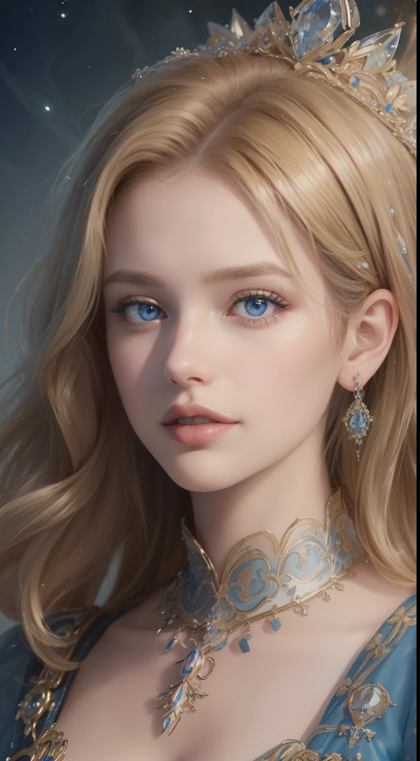 (best quality,4k,8k,highres,masterpiece:1.2),ultra-detailed,realistic:1.37,portrait,beautiful blonde hairstyle,blue eyes,elaborately adorned with a dazzling array of intricate jewelry,royal lady