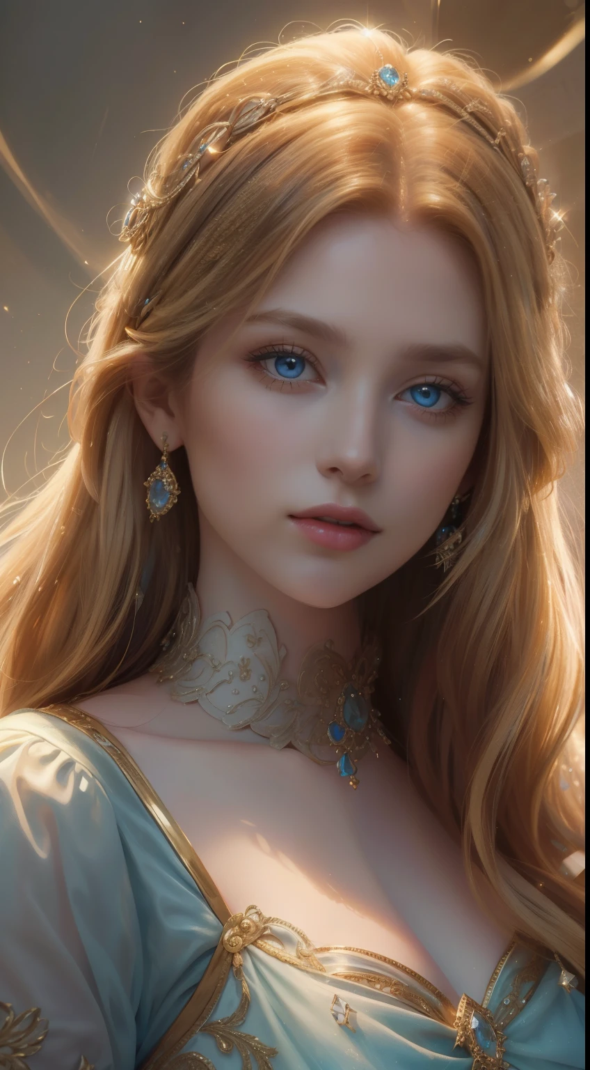 (best quality, highres, masterpiece:1.2), royal princess portrait, beautiful half-length, exquisite golden hair, stunning blue eyes, adorned with a dazzling array of intricate jewelry, soft lighting, ultra-detailed, upgraded.