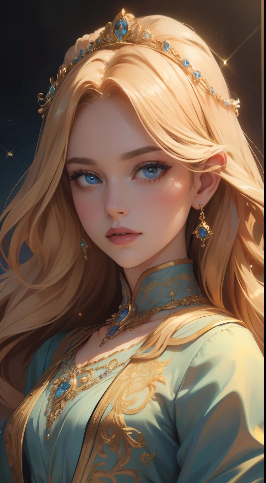 (best quality, highres, masterpiece:1.2), royal princess portrait, beautiful half-length, exquisite golden hair, stunning blue eyes, adorned with a dazzling array of intricate jewelry, soft lighting, ultra-detailed, upgraded.