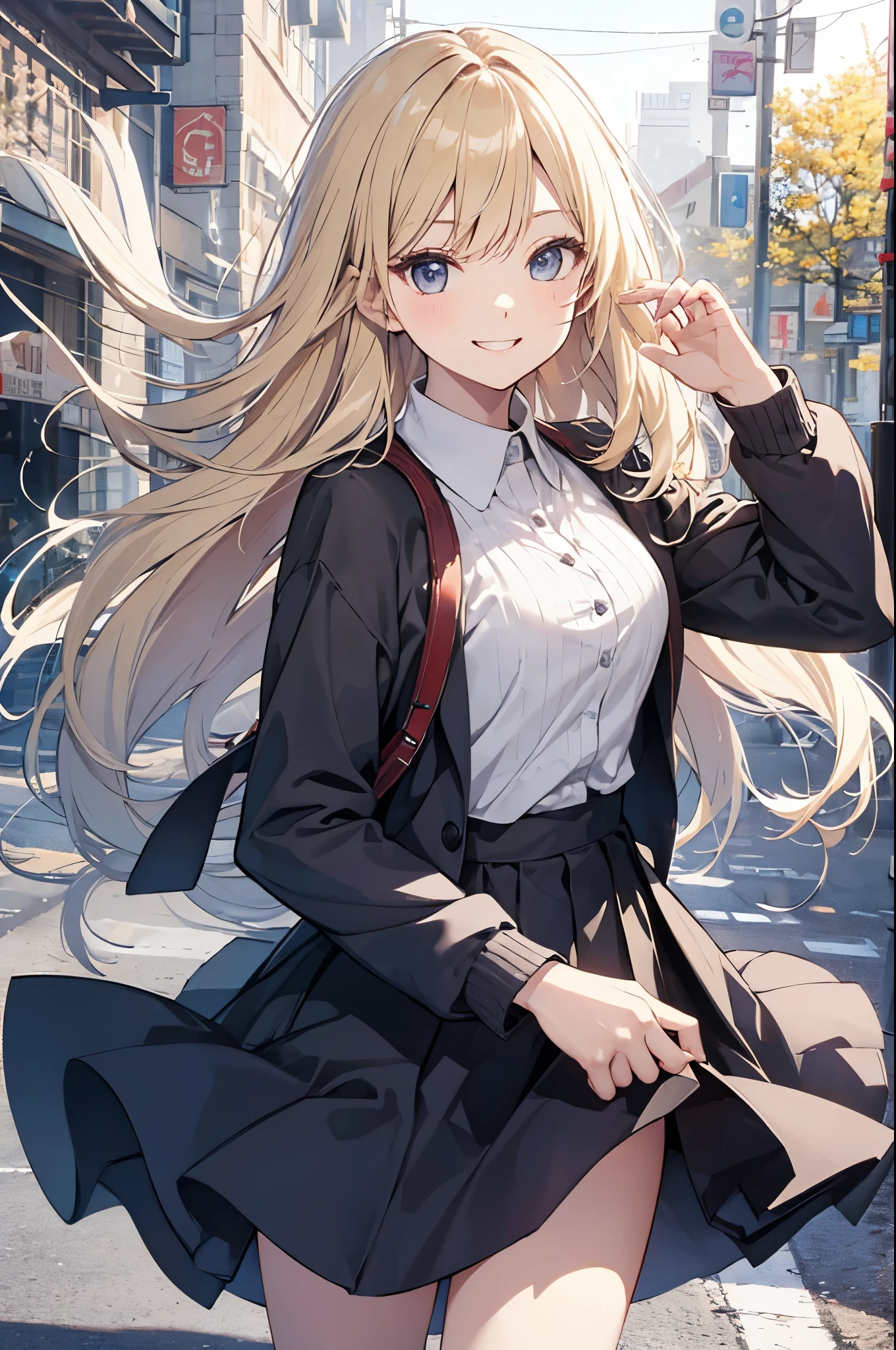 (Pretty sister:1.3)、happy face,spring atmosphere、suit figure、((strong wind))、evening、blonde、Super detailed