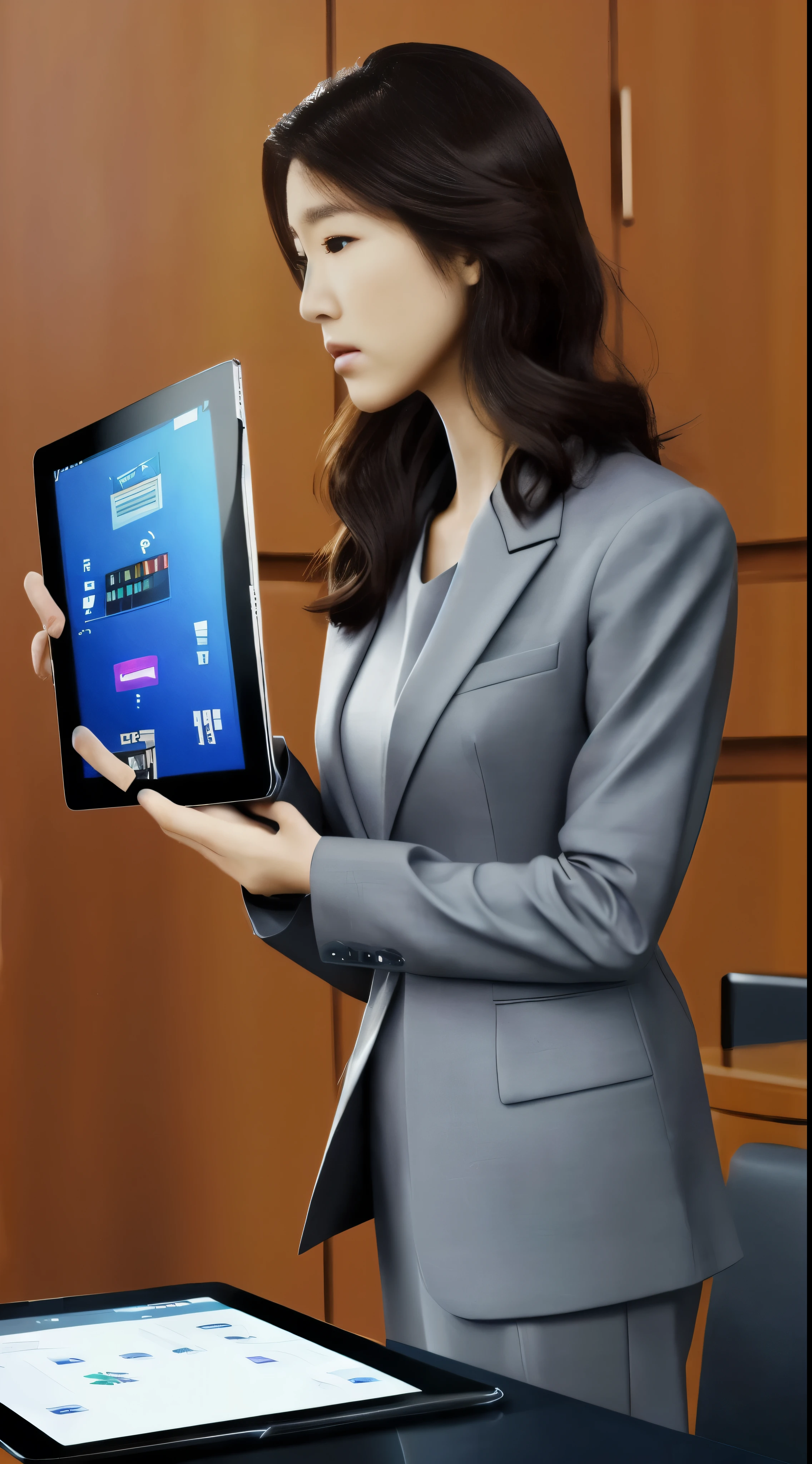 [masterpiece, highest quality, high resolution, solo performance, woman in a suit, sun yunjoo, captured from a live-action movie scene, park shin hye portraying a super villain, intently using a full-sized tablet computer, magical tablet with intricate symbols glowing, iu lee ji-eun also depicted as a super villain, profile view, [realistic photo!!], shin min jeong in the background, serious business transpiring, a lazy yet elegant ambiance in the room]

Sun Yunjoo's profile, clad in a suit, reveals a stern and focused expression as she intently uses her magical tablet in a room filled
