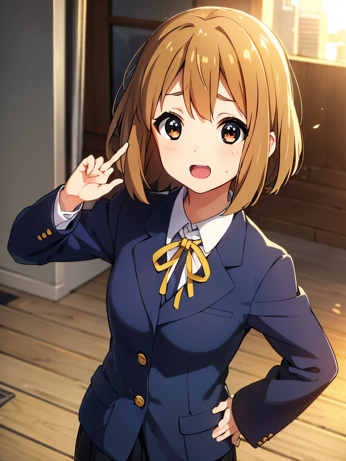 1girl, (((​masterpiece))), top-quality, top-quality, High Details, Hirasawa Yui, 1girl, Sakuragaoka High School Uniform, student clothes, two yellow hairpin, short hair, A brown-haired, brown-eyed, 独奏, reddish, Dark blue blazer with thin blue ribbon, Solid white buttoned shirt under blazer, illustratio, comic strip, soothing tones, Subdued Color, Soft cinematic light, adobe lightroom, photolab, HDR, intricately and hyper-detailed、(((depth of fields))))。(((​masterpiece)))。(((top-quality))).)((ultra-detailliert)))。(((illustratio)))。(((takeout))).dynamic focus.big breasts.(((Skyscrapers))).(((A city scape))).(((Face of happiness))). open mouth.(((put hands on the hip))).(((up chest))).((afternoon glow)).((the setting sun)).