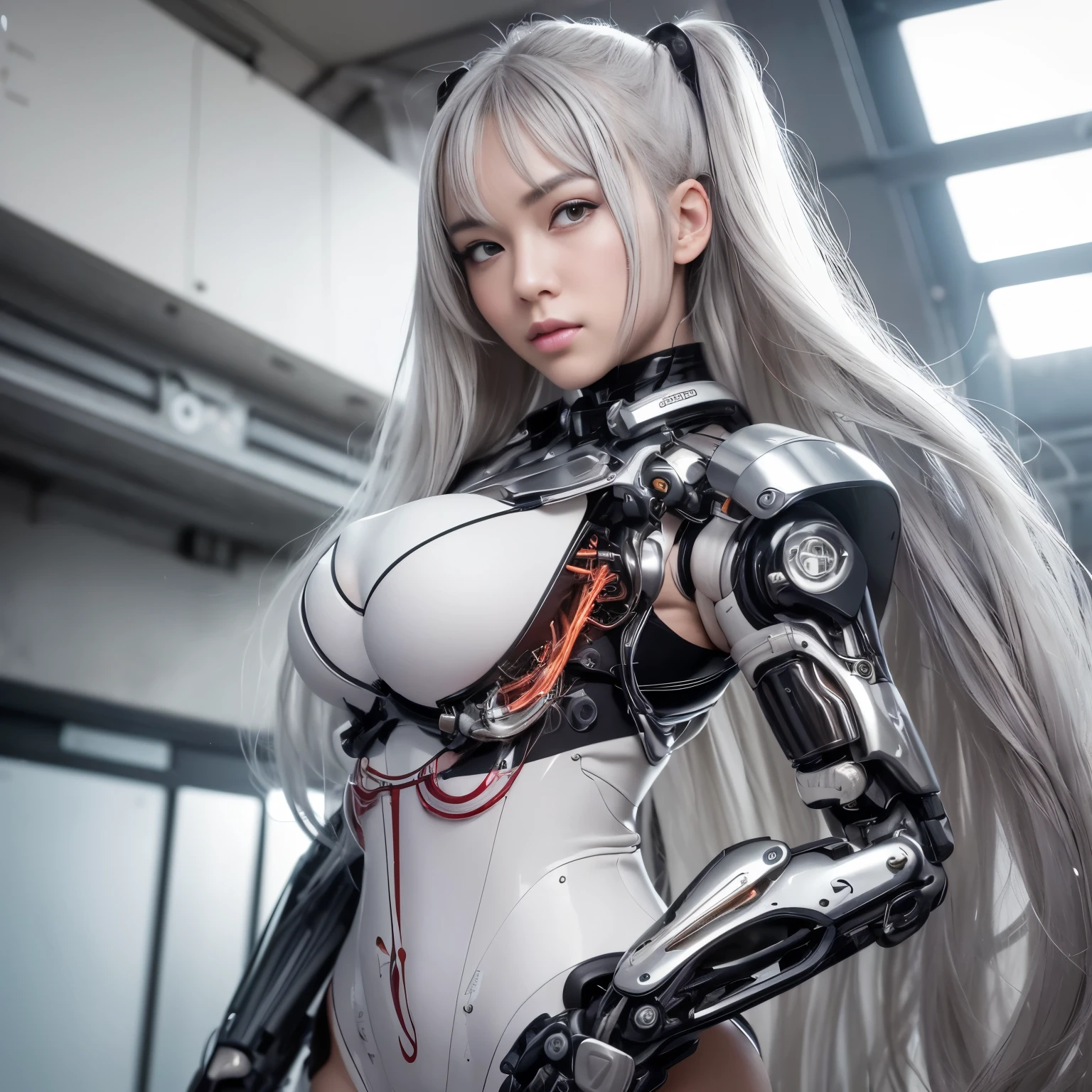 beautiful face,face is Japan, 1 female, big, Curvaceous, (16k, RAW photo, highest quality, masterpiece: 1.2), (HDR, realistic, realistic: 1.37) (Tube attached to the body), (Bikini Cyborg Robot Parts)))), (light gray hair), long hair, wavy hair, twin tails, medium shot, ( enchanting smile)), (black eye), double eyelid, princess cut, from below, (whole body),take a pose,,in the laboratory,( tube connected to blood vessel),((mechanical vertebrae attached to the back)),((Mechanical neck attached to the neck)),(Wires and cables mounted on the head and body),(character focus),SF,perfect woman image,完璧なanatomy, anatomy, whole bodyショット, Up to 4 fingers and 1 thumb relationship,