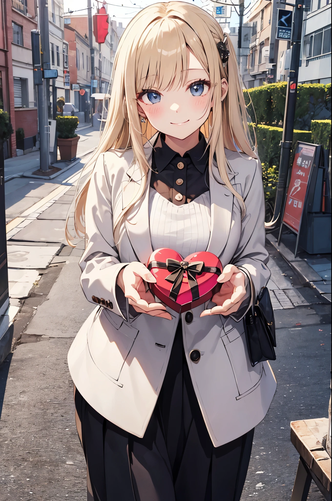 (Pretty sister:1.3)、happy face,spring atmosphere、suit figure、((valentine's day))、evening、blonde、Super detailed、Choco