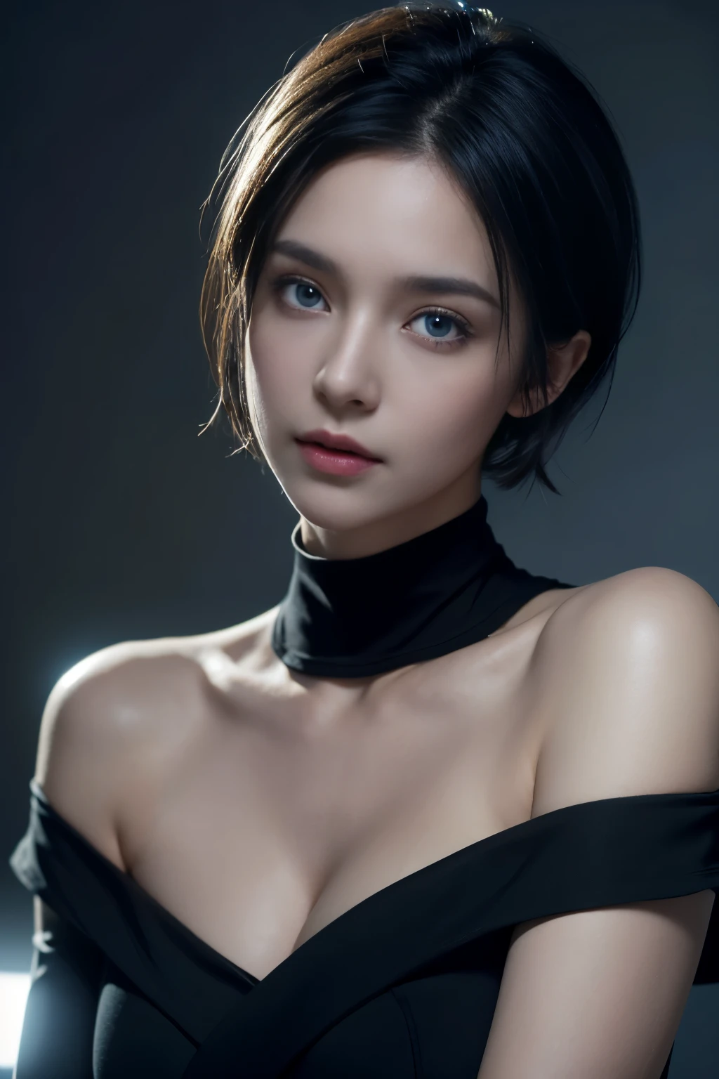 Skin Tight Black Top:1.2, Looking at Viewer, Cinematic lighting, Perfect, softlight, High resolution skin:1.2, Realistic skin texture, Realistic face, off shoulders, Exposed , Blue eyes, Short hair,