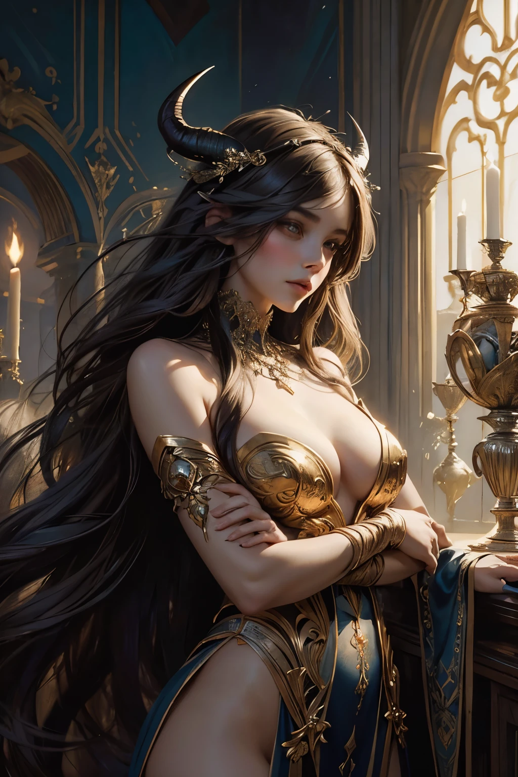 Beautiful painting of a perfect Succubus, with a slender figure and large breasts, shapeless long hair flowing around her, perfectly proportioned features, small horns gracefully adorning her head. She is wearing an extremely baroque, revealing dress that showcases her figure in exquisite detail. In this captivating upper body shot, the Succubus faces the camera, her ethereal beauty near to perfection. The concept art of this masterpiece is a collaboration between Greg Rutkowski, John William Waterhouse, and Alphonse Mucha. The abstract beauty of the painting is heightened by its striking, near-perfect form. The dynamic pose adds a sense of pure