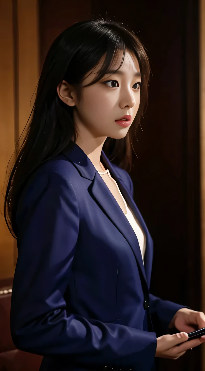 [masterpiece, highest quality, high resolution, solo performance, woman in a suit, sun yunjoo, captured from a live-action movie scene, park shin hye portraying a super villain, intently using a full-sized tablet computer, magical tablet with intricate symbols glowing, iu lee ji-eun also depicted as a super villain, profile view, [realistic photo!!], shin min jeong in the background, serious business transpiring, a lazy yet elegant ambiance in the room]

Sun Yunjoo's profile, clad in a suit, reveals a stern and focused expression as she intently uses her magical tablet in a room filled