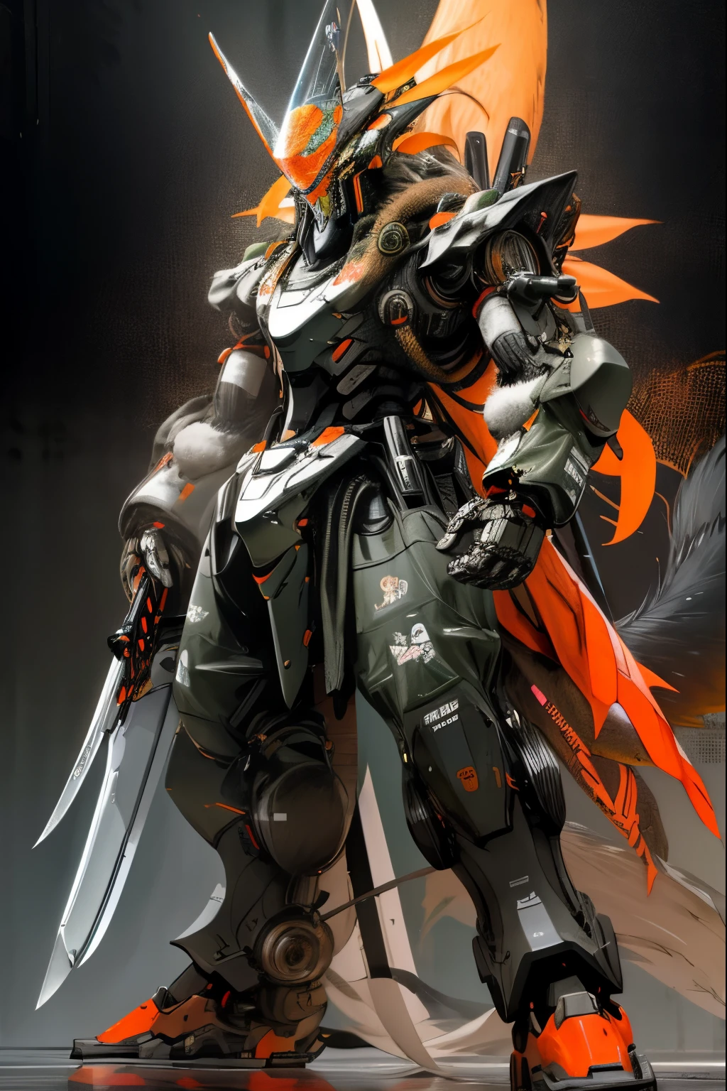 create a hyper realistic and hyper detailed image about a silver- black camouflage futuristic combat mech robot, wearing a futuristic combat helmet, the robot surrounded with orange chakra aura, indicating the power of kyuubi (nine-tail) comodo dragon sealed within him, the robot lifting a red futuristic holographic samurai blade, wielding a blade that crackles with the energy of thunderstorm, the robot standing on floor and black wall