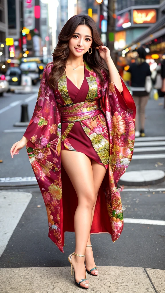 Lovely girl 30 years old Brazilian actress, Portrait of beautiful goddess of New York background in style bokeh, full body head to toes, wearing high heels, feminine, romantic, long shiny hair, pretty brown eyes, glossy plump lips, shimmering makeup, dazzling beauty, tender smile in Kimono Japanese dresses