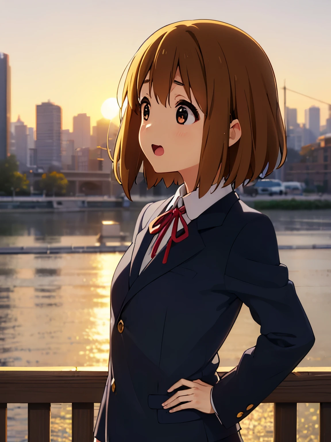 1girl, (((​masterpiece))), top-quality, top-quality, High Details, Hirasawa Yui, 1girl, Sakuragaoka High School Uniform, student clothes, two yellow hairpin, short hair, A brown-haired, brown-eyed, 独奏, red glasses, reddish, Dark blue blazer with thin blue ribbon, Solid white buttoned shirt under blazer, full body, full image, illustratio, comic strip, soothing tones, Subdued Color, Soft cinematic light, adobe lightroom, photolab, HDR, intricately and hyper-detailed、(((depth of fields))))。(((​masterpiece)))。(((top-quality))).)((ultra-detailliert)))。(((illustratio)))。(((takeout))).dynamic focus.big breasts.(((Skyscrapers))).(((A city scape))).(((Face of happiness))). open mouth.(((put hands on the hip))).(((up chest))).((afternoon glow)).((the setting sun)).