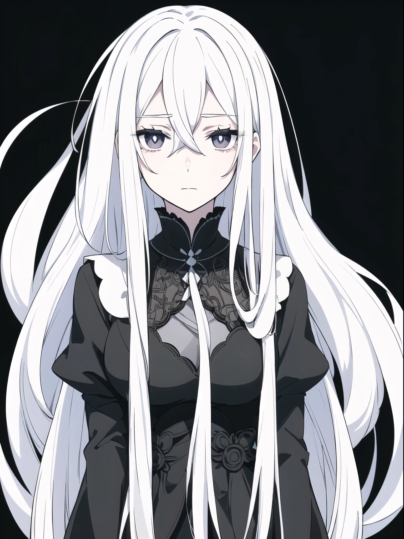 ((White hair)),((Head and Shoulders Image)),(super-long hair),Sexy,A person,Alone,Simple style,pancake ,Simple details,Black background,Empty background,Black background wall,(20 year old woman),(Droopy hair),(White Gloves),(Evening Gown),(Lace Shirt),Lace,(confidence)