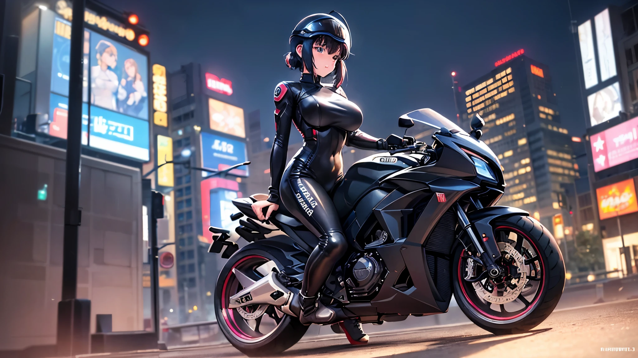 Best quality, 8k, Masterpiece, Hollywood movie style watercolor:1.3, (1 girl, very cute girl,) upper body, (half helmet with blak hair:1.3), embarrassed, tightsuit, full body suit, glossy, gloves, bigbreasts , 1girl,kusanagi motoko,koukaku, (riding 1motorcycle,),nightcity,neon,Cyberpunk world,