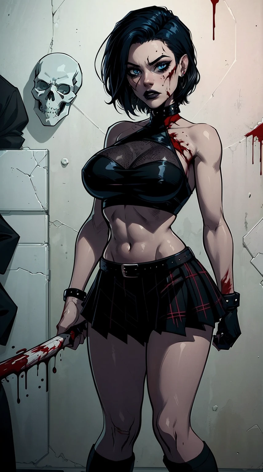 a woman with short black hair, hair on shoulders,  wearing a black cropped  and plaid skirt, blue eyes, zombie art, gothic art, cute aesthetic with vibe, toon aesthetic, wearing red costume, wearing gothic accessories, look like Cassie Hack, whole body, holding a skull in his hand, horror background (zombies, blood)