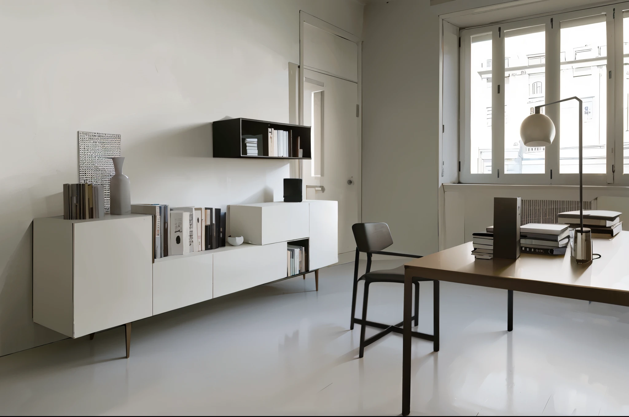 There is a table in the corner、a chair and a bookshelf, simple furniture, simple office, designer furniture, Furniture design, Simple and beautiful, elegant minimalism, simple design, furniture concept photo!!, office furniture, modern gallery furniture, Such a design, minimally modern, simple clean lines, furniture and decoration, white furniture, Modern and simple